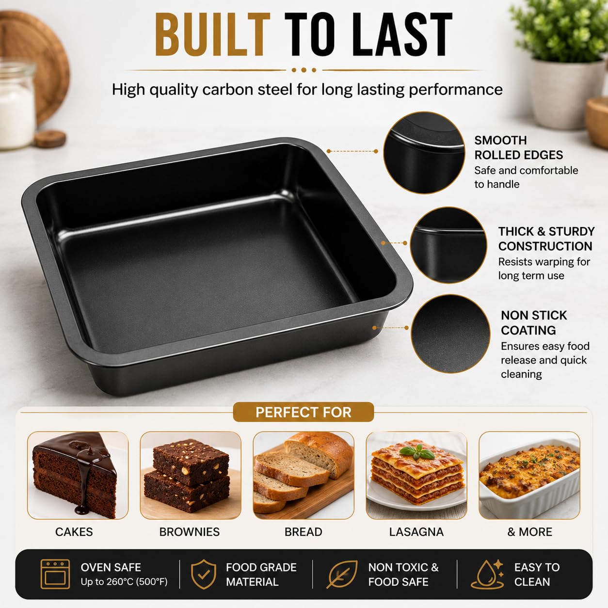 Zollyss Cake Mould for Baking, Carbon Steel Square Bakeware Cake Pan, Non-Stick Coating, Dishwasher & OTG Safe, Microwave Safe up to 260°C, 22.5 x 22.4 x 4.5 cm, Black, 1 Piece — Amazon image 7