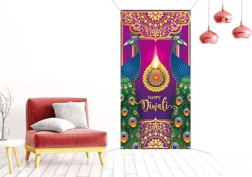 Miniatura 10 de Nepnuser Happy Diwali - Cubierta de puerta Diwali para el hogar, pavo real, Deepavali, festival indio de luces, decoración telón de fondo para