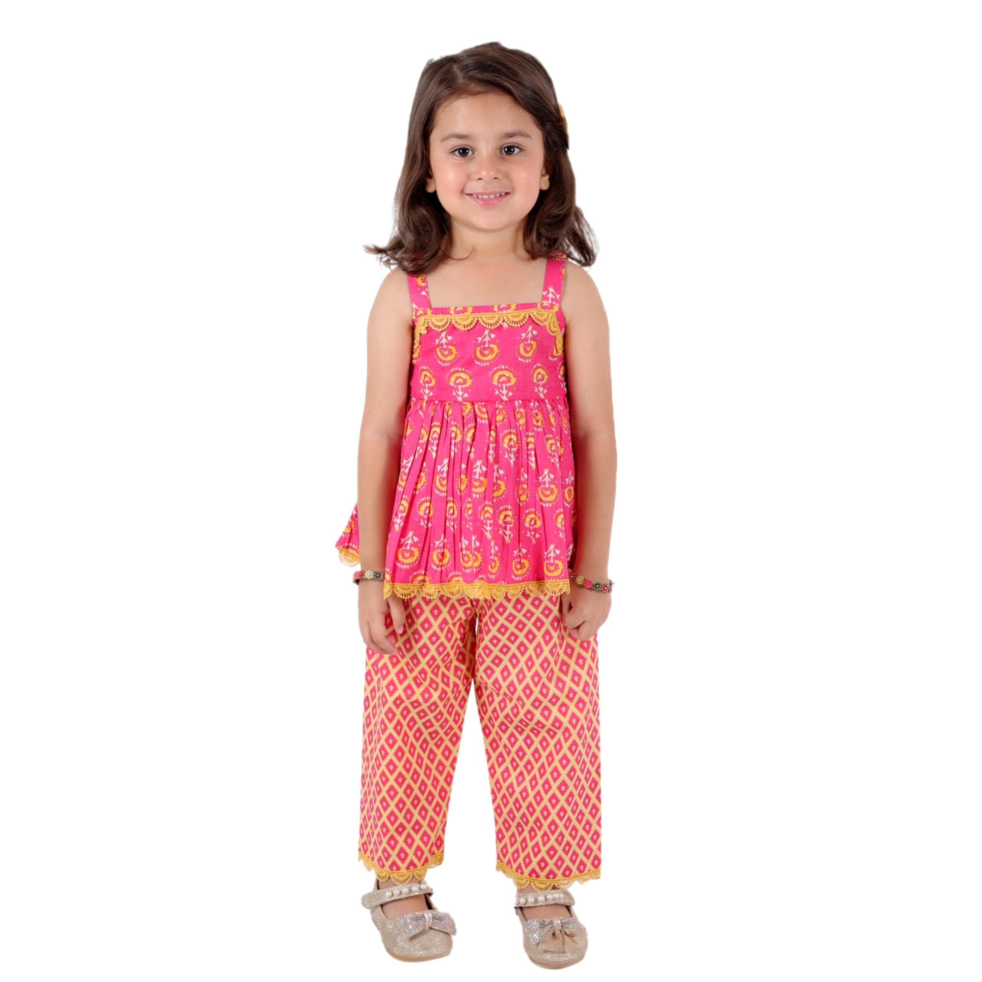 superminis Baby Girls Sanganeri Printed Sleeveless Cotton Top With Straight Pant Dress-picture-23