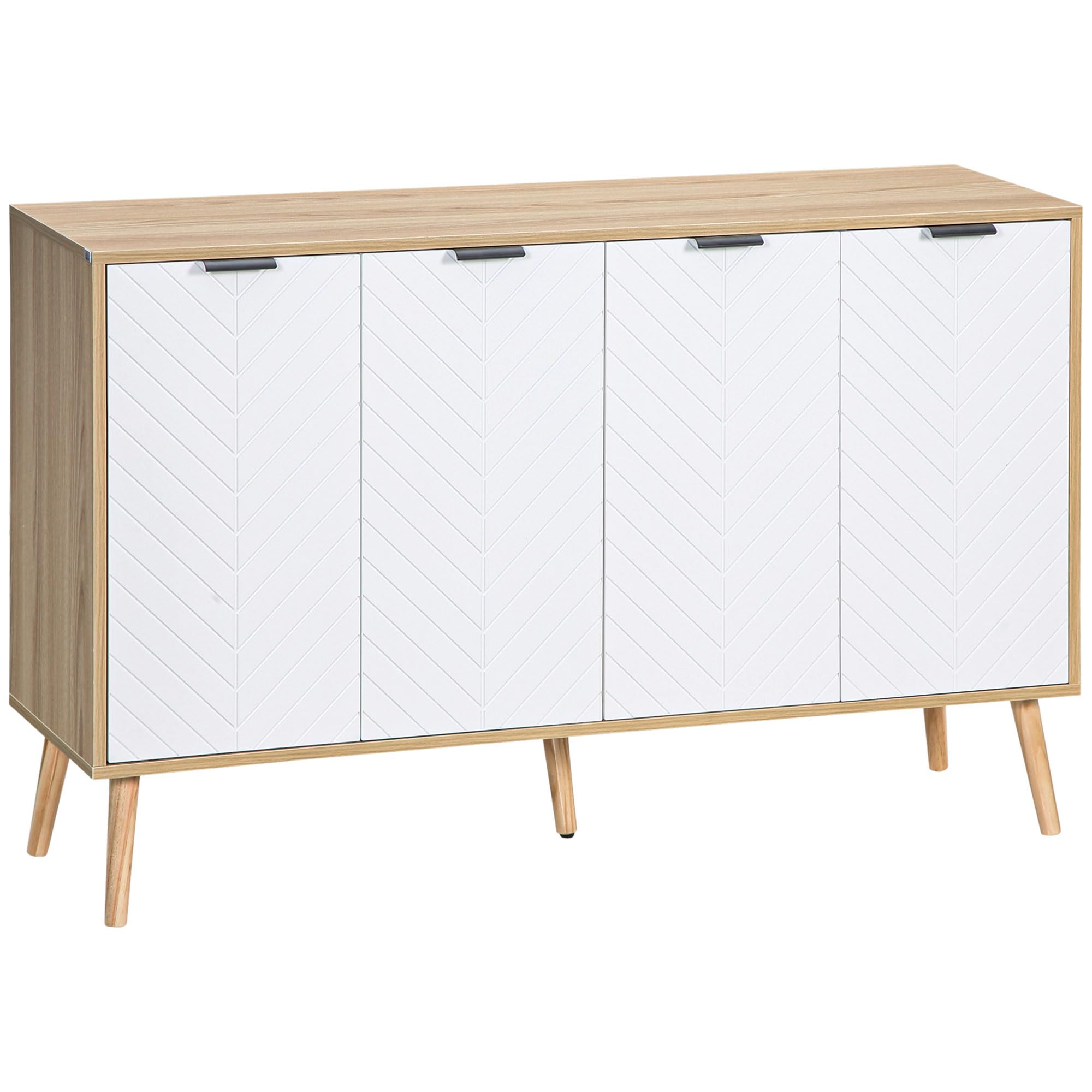 HOMCOM Aparador de 4 Puertas, Aparador de Salón con Estantes Ajustables, Patas de Madera, Puertas con Patrón de Espiga, para Cocina, Entrada, Dormitorio, Blanco y Natural, 120x35x77,4 cm