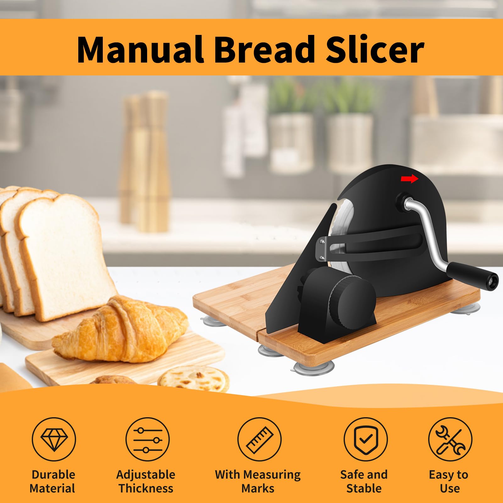Rebanadora de pan manual, rebanadora multiusos de acero inoxidable 304 con báscula y ventosas, espesor ajustable para rebanadas uniformes, cuchilla afilada, espesor de corte 0-20 mm para pan