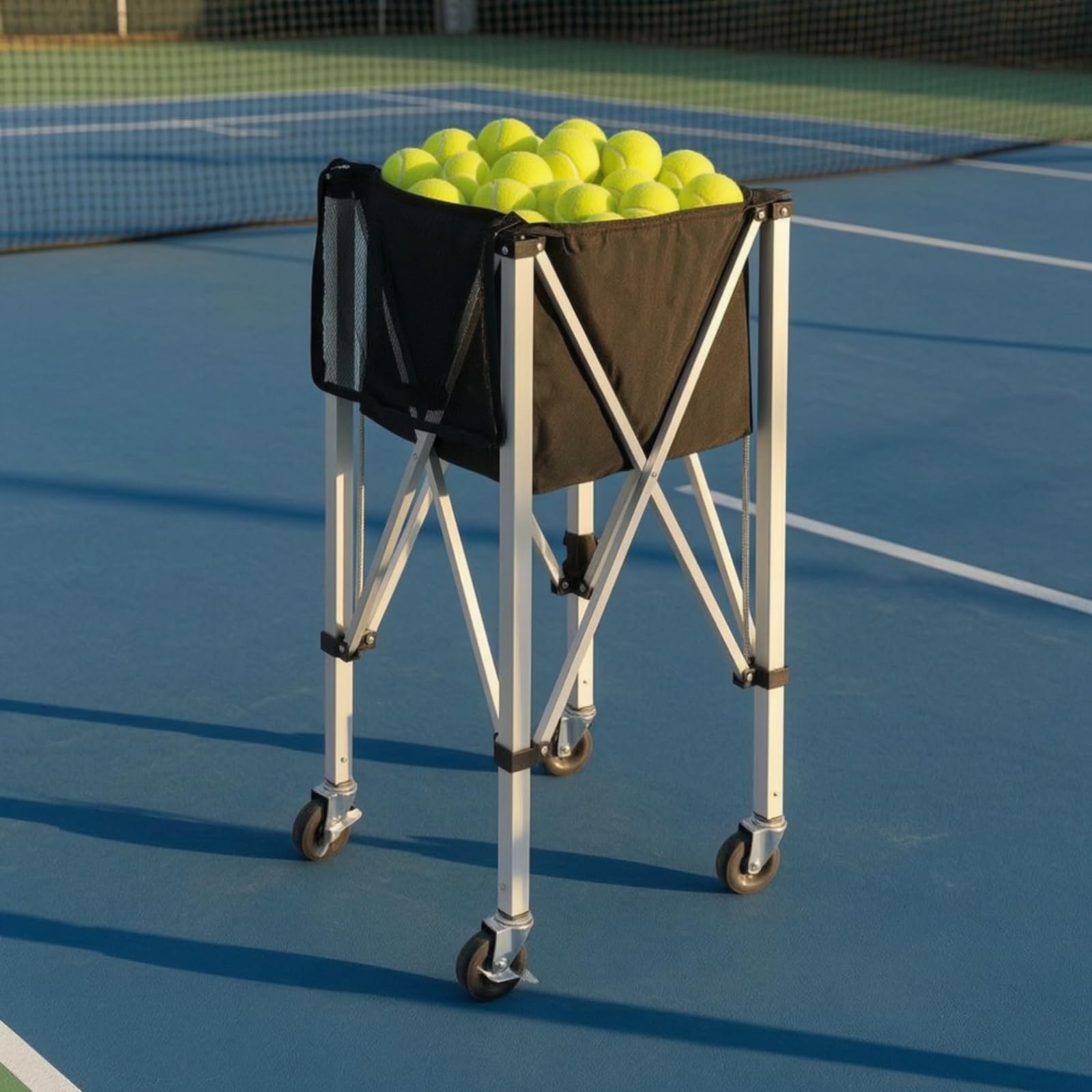 Perfeclan Carro de Pelotas de Tenis Carro Canasta Soporte Cesta con Ruedas con Cesto Textil Resistente y Bastidor Cruzado Plegable Adecuado para Ejercicios de Recogida y Distribución de Pelotas