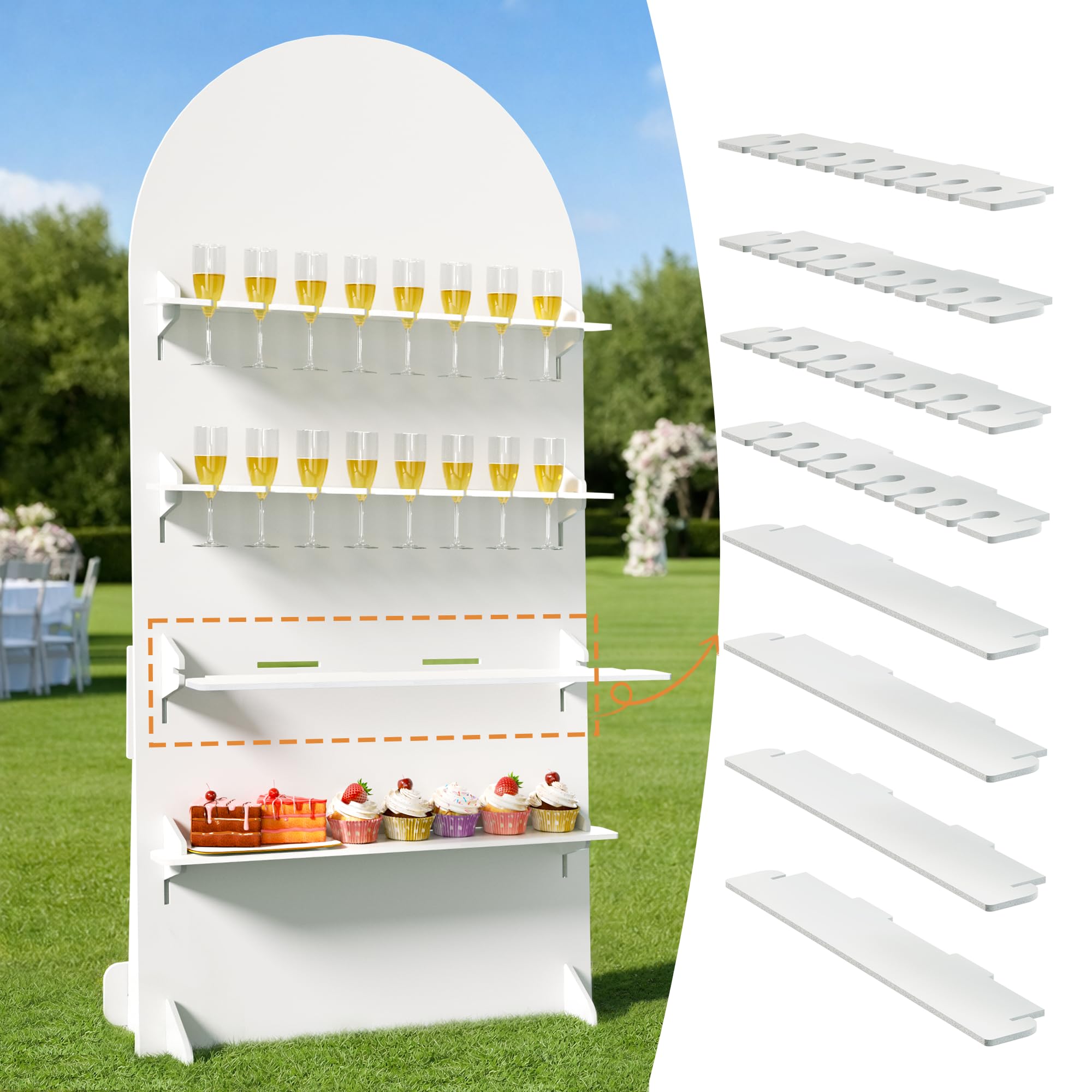 Photo 1 of Bugame Champagne Wall Holder for Party, 2-in-1 Champagne Wall Stand Cake Dessert Display for Wedding Party, 5.9FT Wine Glass Holder Stand Shelf for Reception Event Outdoor Decor