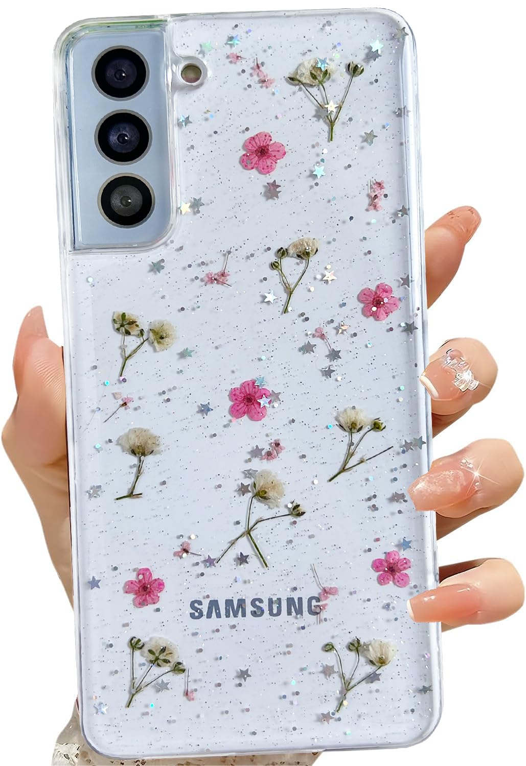 LSEEKA for Samsung Galaxy S21 Clear Case with Pressed Real Dried Pink Flower Design,Transparent Glitter Cute Floral Slim Soft TPU Protective Phone
