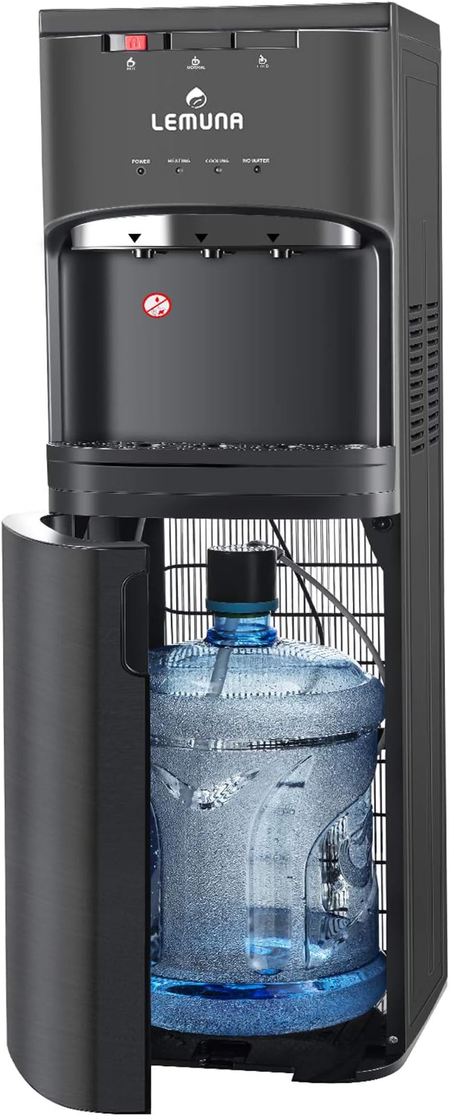 LeMuna Water Dispenser- Bottom Loading Water Cooler for 3 or 5 Gallon Bottle with Hot Cold and Normal Temperature Settings, Energy Star/ETL Approved, Child Safety Lock and Removable Drip Tray, Stainless Steel & Black