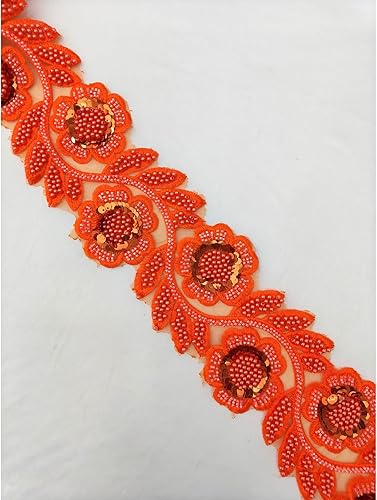 Miniatura 2 de Elegante ribete de encaje naranja con cuentas, diseño floral con lentejuelas, ideal para realzar el vestido, cuentas plateadas, cristales,