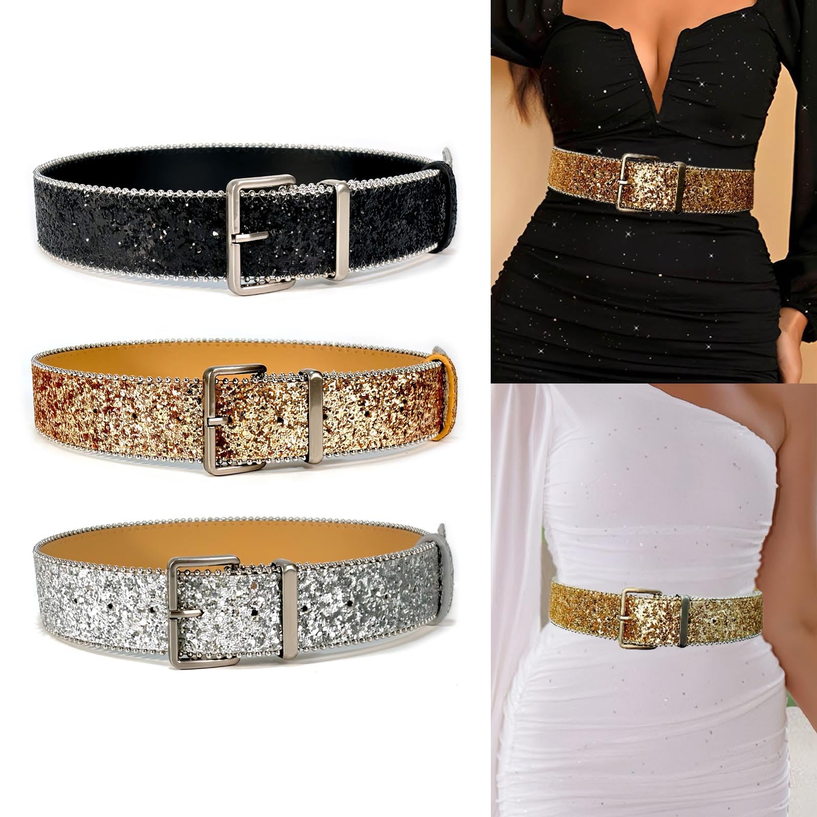 6951 Ladies Shinny Wide Waist Belts Interlock Buckles Sequins Decor INSPIRE CHIC Women main image 4