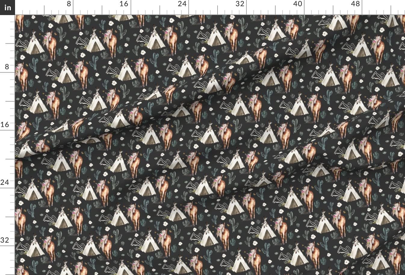 Spoonflower Fabric - Spring Boho Floral Horse Dark Gray Pony Teepee Dreamcatcher Feathers Printed on Upholstery Velvet Fabric Fat Quarter - Upholstery Home Decor Bottomweight Apparel