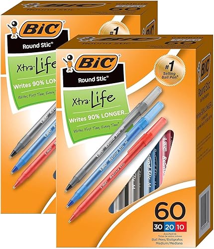 Miniatura 1 de BIC Bolígrafo redondo Stic Xtra Life, punta media, tinta de colores surtidos, 60 por caja, 2 cajas (BICGSM609AST-2)