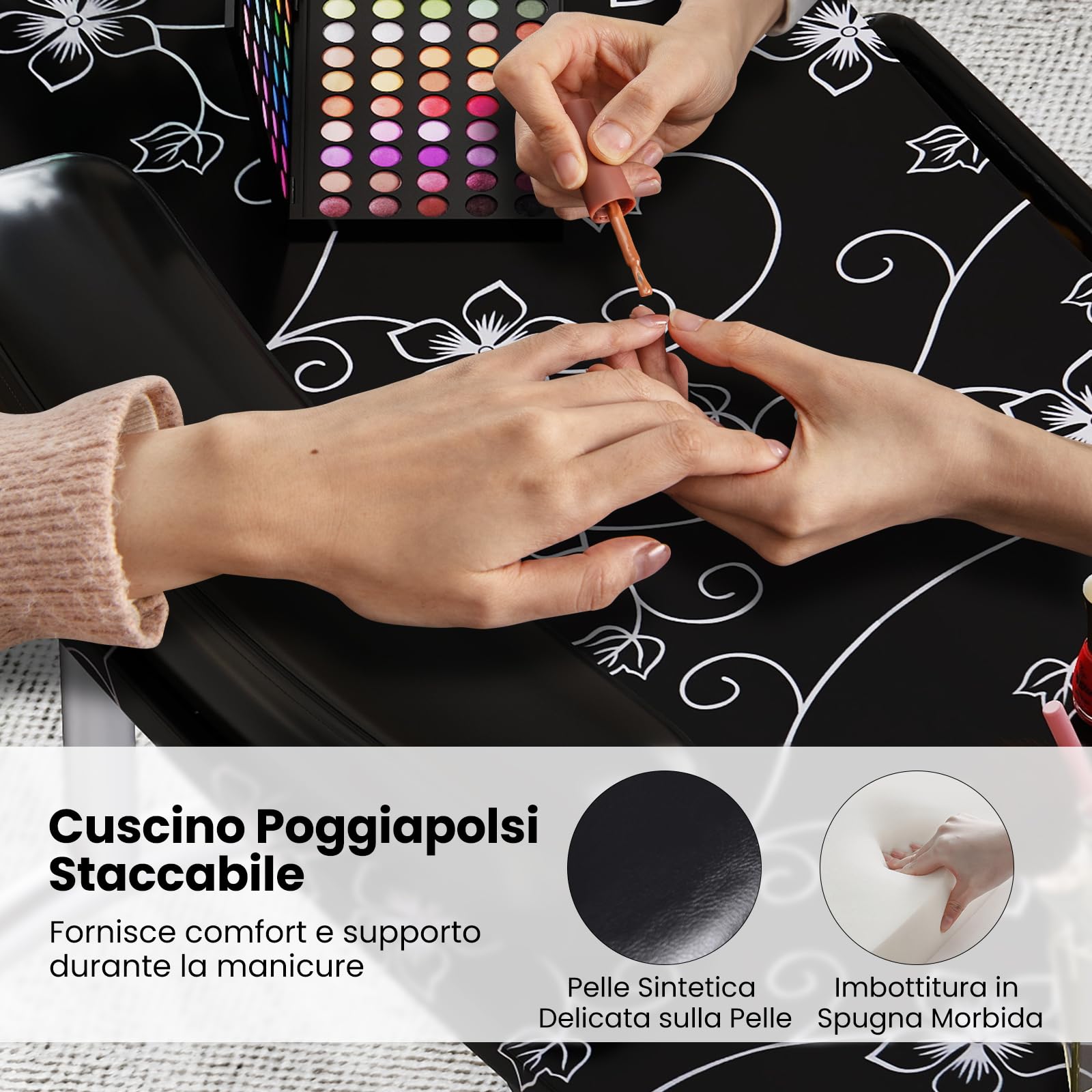 COSTWAY Tavolo Manicure Pieghevole, Tavolo Unghie Estetista Portatile con Ruote, Cassetto, Cuscino Poggiapolsi e Borsa