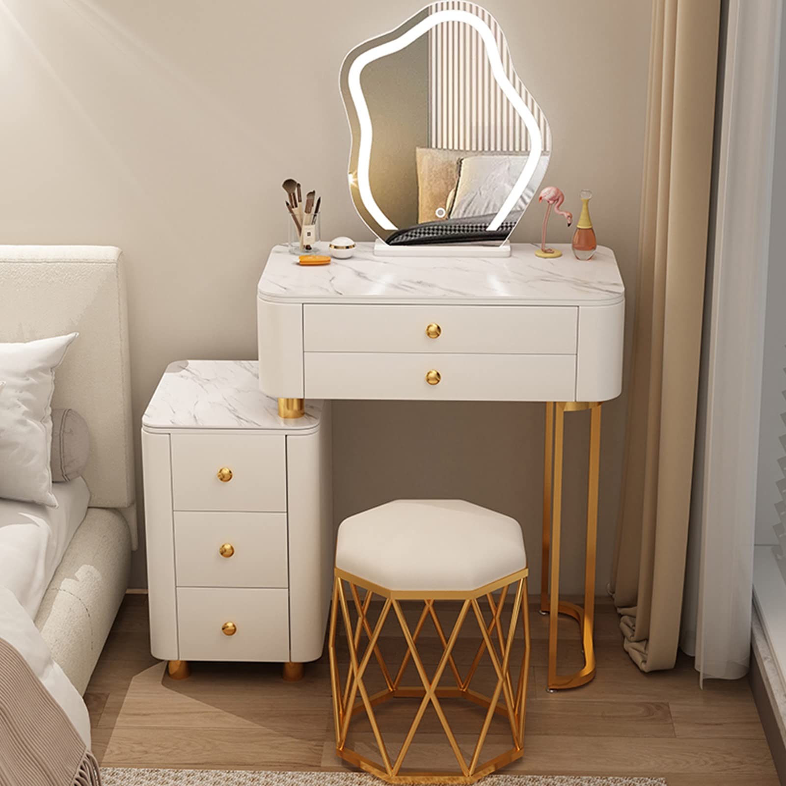 asdchZen Minimalist Makeup Vanity Table With Storage Drawers & Removable Mirror, Cushioned Stool For Women & Girls-Stylish Dressing Table For Bedroom,1-50cm/19.6in