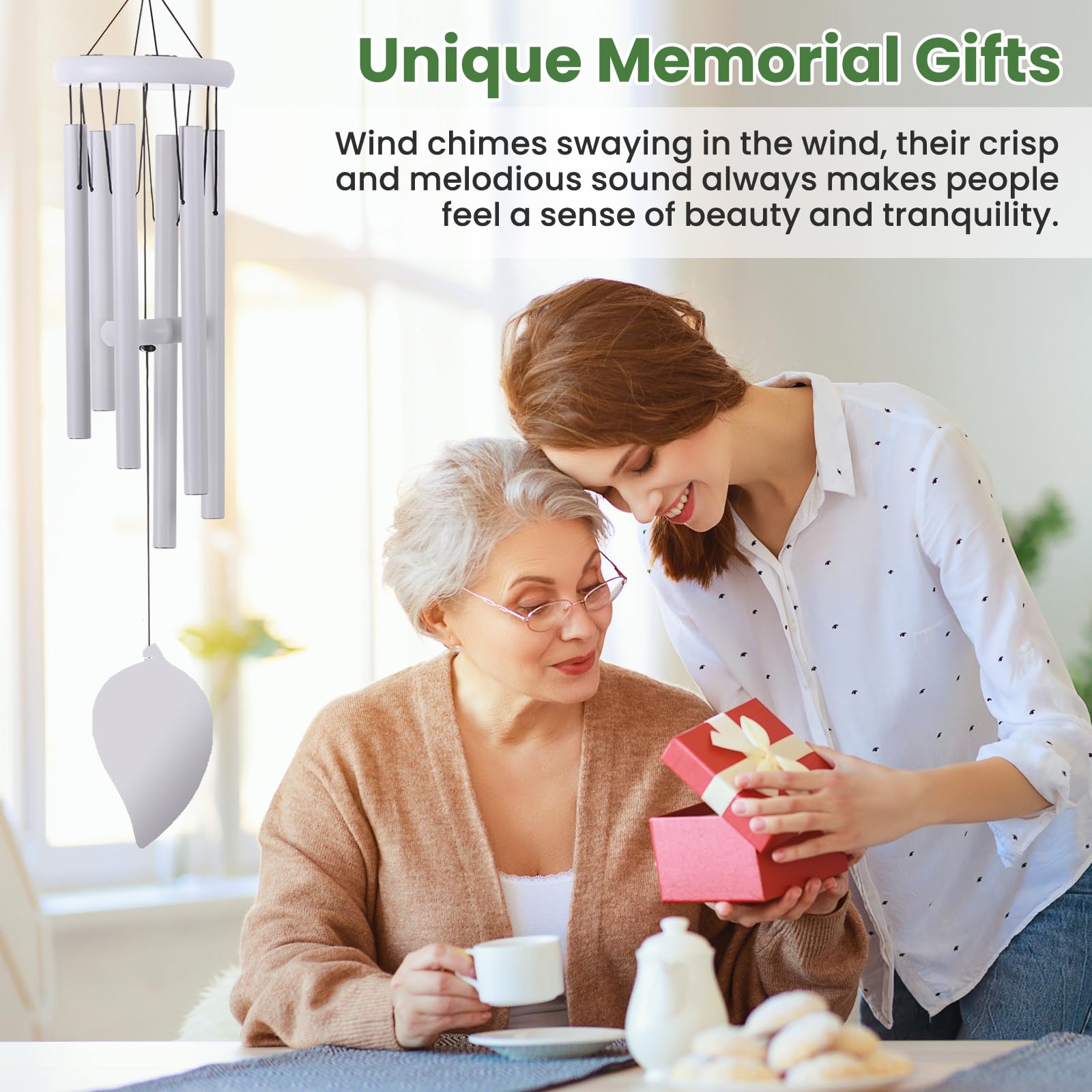Wind Chimes for Garden 32 Inch Aluminum Tubes Memorial Gift for Grandma Decoration Wind Chime Outdoor Waterproof for Nana Mum Gift (White) - Image 3