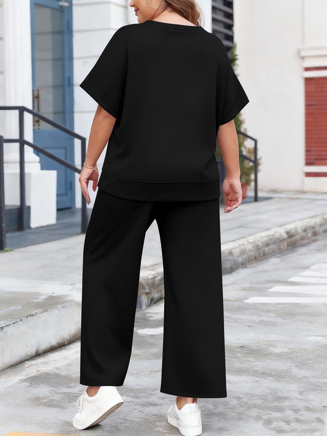 TOPSRANI Womens Plus Size Casual Sweatsuits Lounge Short Sleeve Tracksuit 2 Piece Outfits Baggy Wide Leg Crop Pants Sets - Image 4