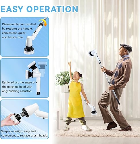 Miniatura 6 de Fregador eléctrico giratorio, limpiador de ducha inalámbrico con mango de extensión ajustable y 7 cabezales de cepillo reemplazables, 2 velocidades