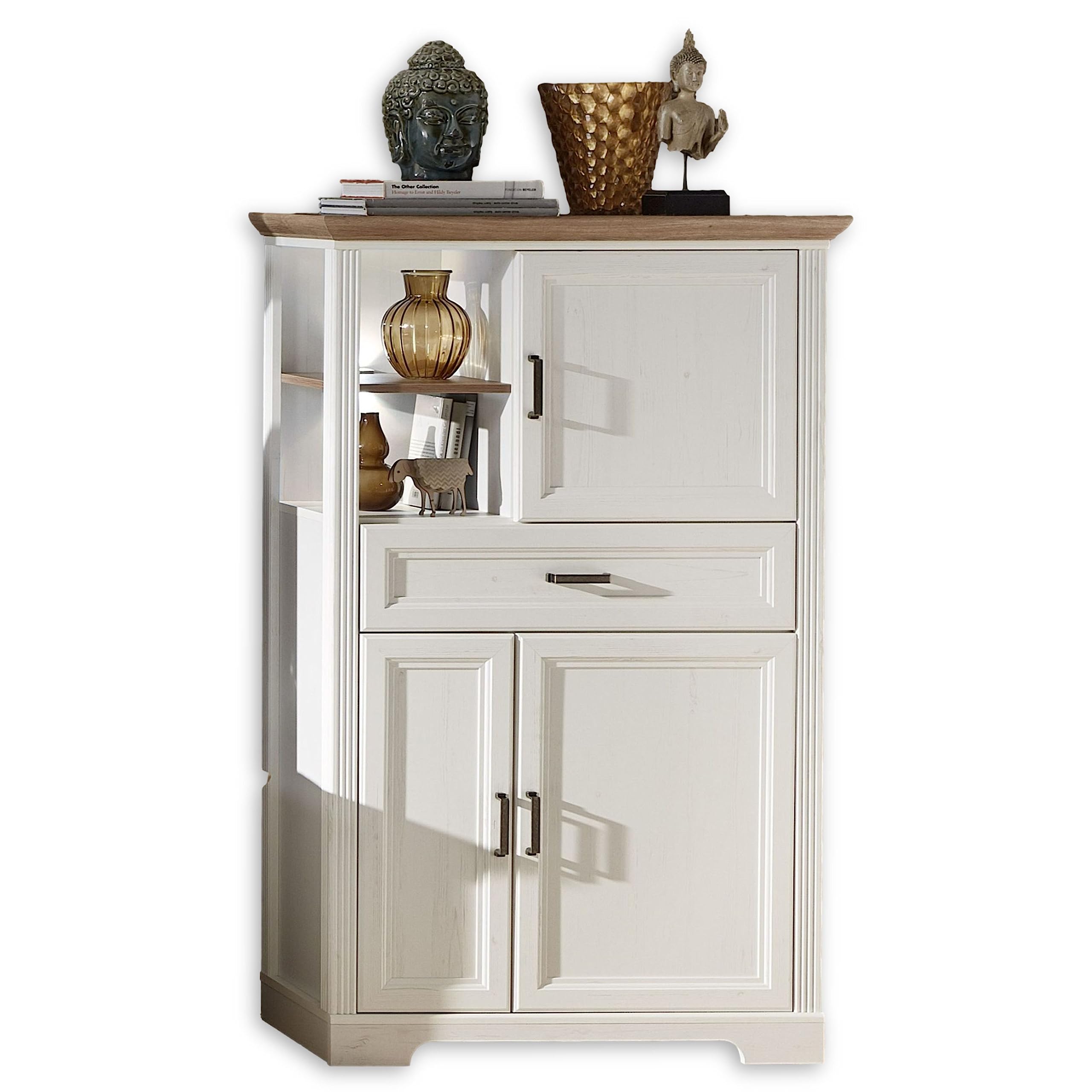 Stella Trading Stauraumelement in Pinie hell, Artisan Eiche Optik - Wohnzimmerschrank mit LED-Beleuchtung und viel Stauraum im Landhausstil - 93 x 150 x 42 cm (B/H/T)