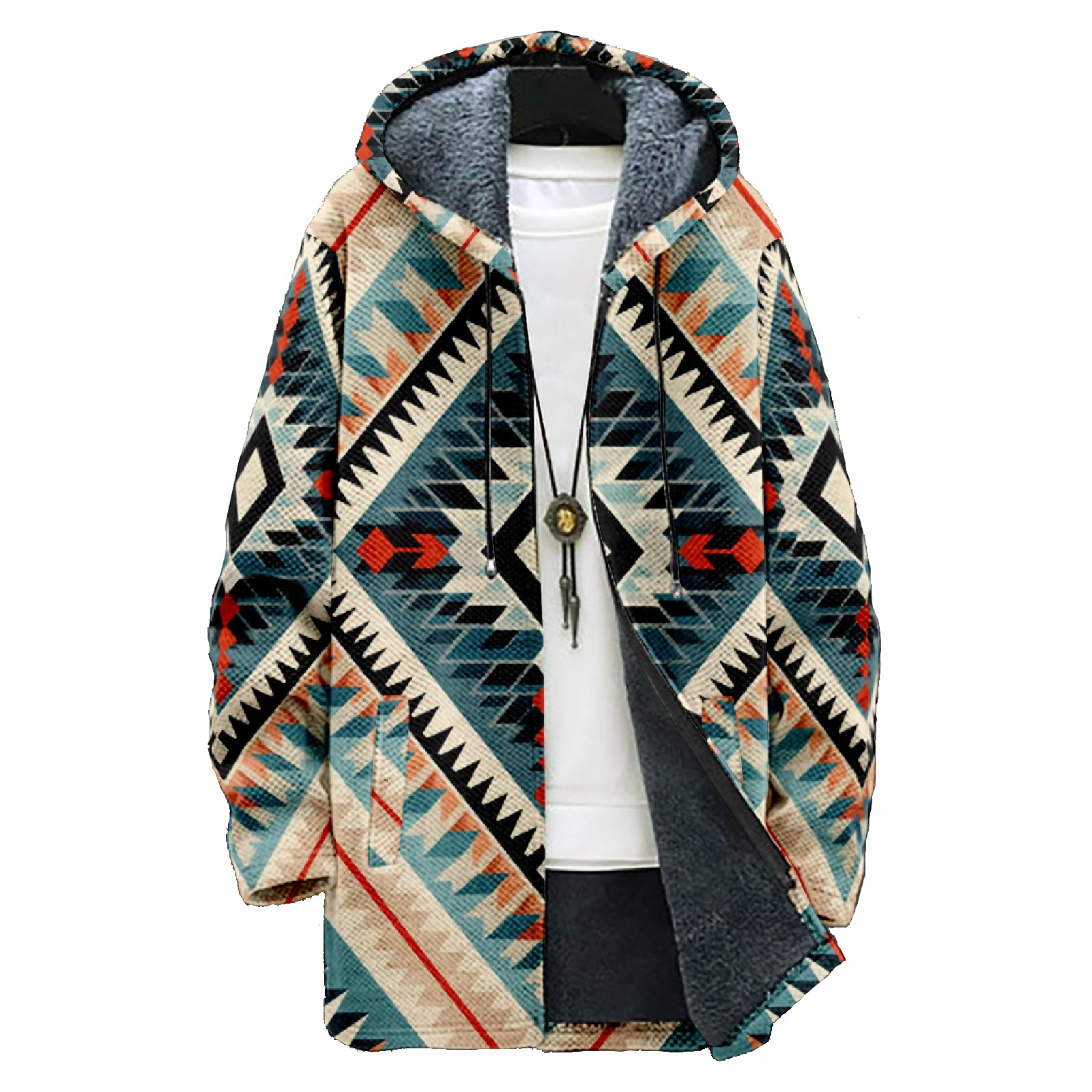 Mens Oversized Western Aztec Long Hooded Cardigan Ethnic Vintage Tribal Print Sweater Coat with Pockets