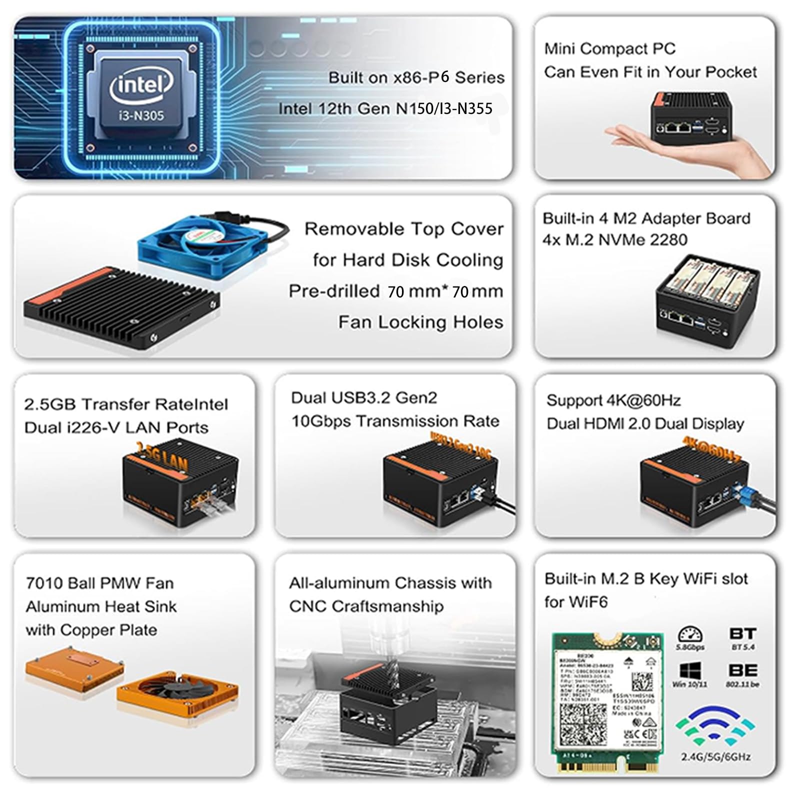 SIENSNET N355 Mini PC 4-Bay NAS Server Pocket Host X86 P6 Lake