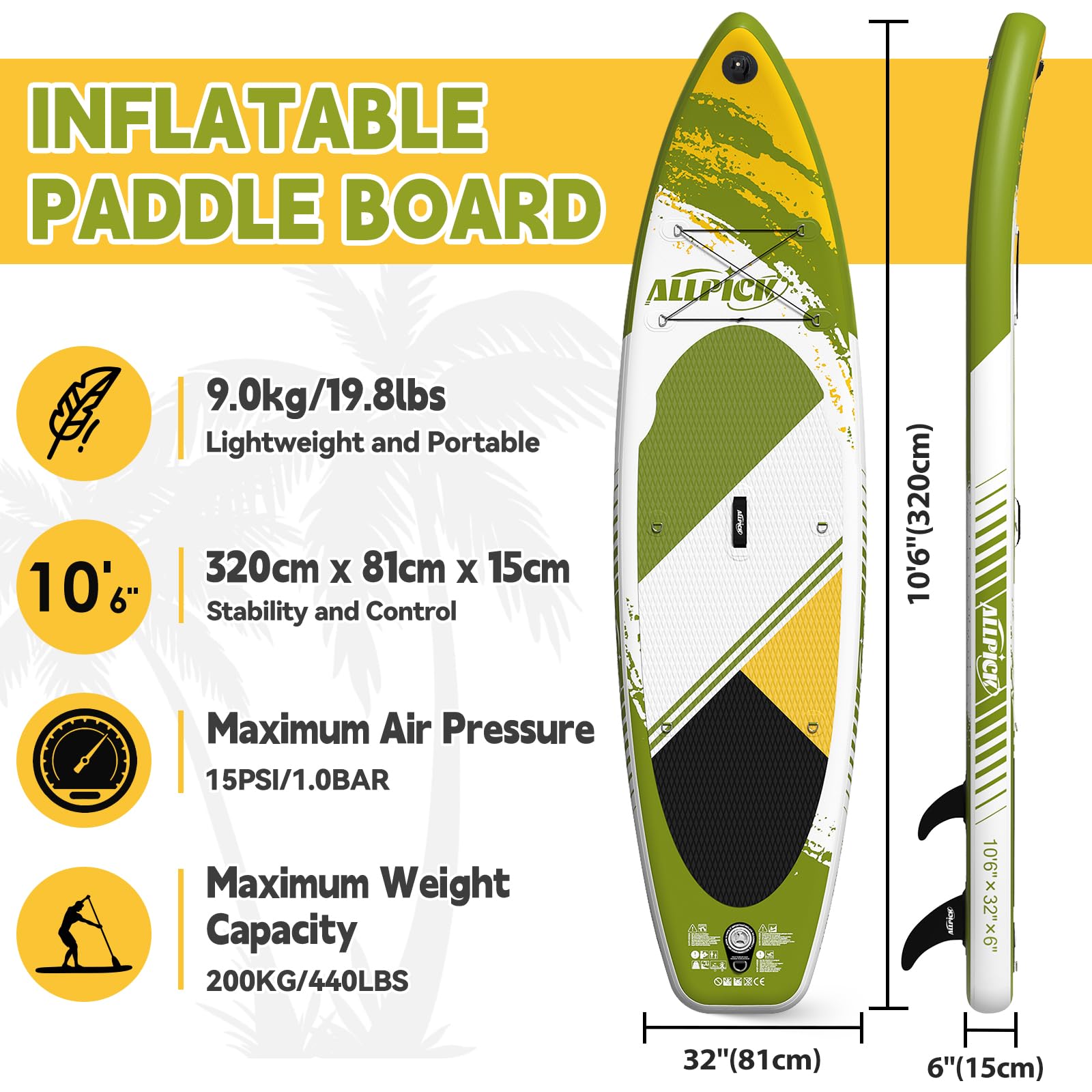 ALLPICK Sup Gonfiabile, Stand Up Paddle Board Gonfiabile, Con Supporto Universale per Fotocamera, Accessori Completi, Tavola da Sup Surf, Principianti e Avanzati, 150kg/180kg