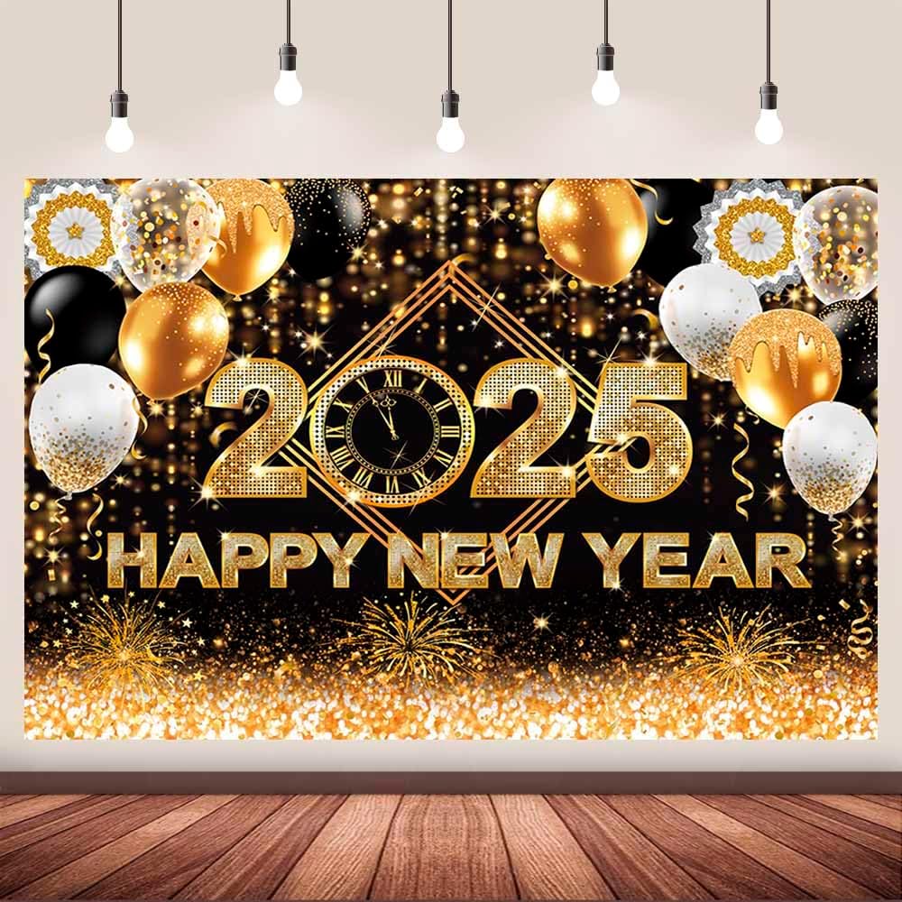 7x5ft Black and Gold Happy New Year Backdrop Countdown Party Hello 2025 Gold Bokeh Glitter Balloon Fireworks Photography Background Cheers to The New Year Christmas Eve Decor Photo Booth Props