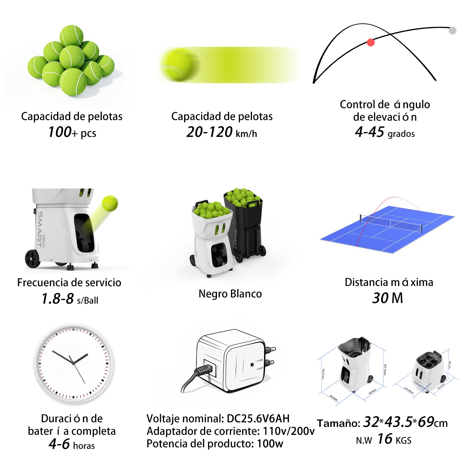 PUSUN PT-Smart Pro-Máquina Lanzapelotas de Tenis Profesional | Simulación de Rotación Interna | Control App Remoto | 20 Puntos 12 Modos de Entrenamiento |4-6 Horas de Batería