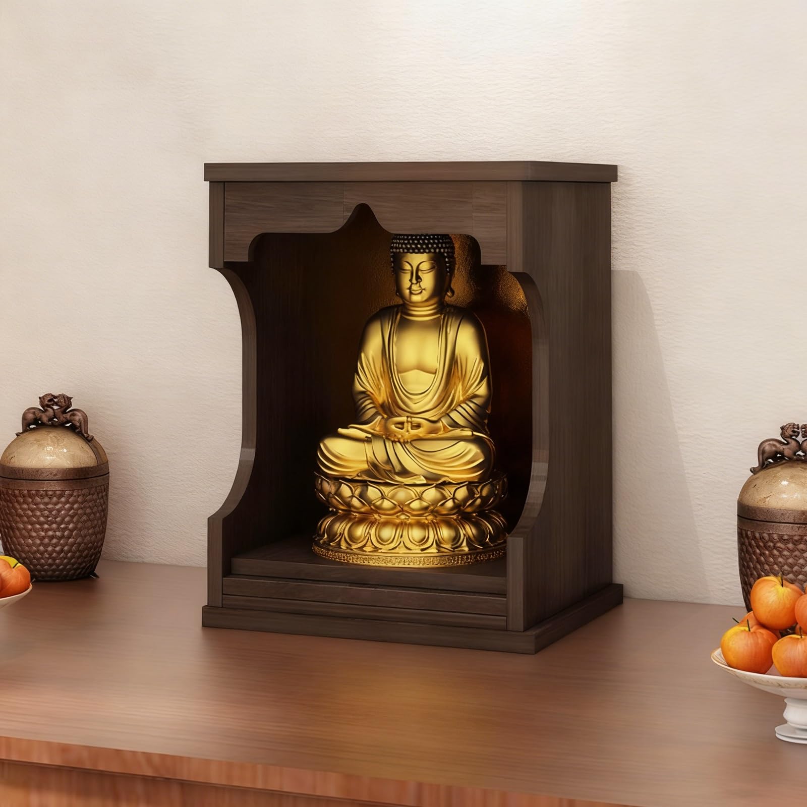 JNTFNE Buddha Altar Shelf, Shrine Buddhist Table, Wood Meditation & Pooja Table with Storage, Prayer Niche Incense Desk, for Wealth God, Guanyin, Statue(Black,23x19.5x31cm)