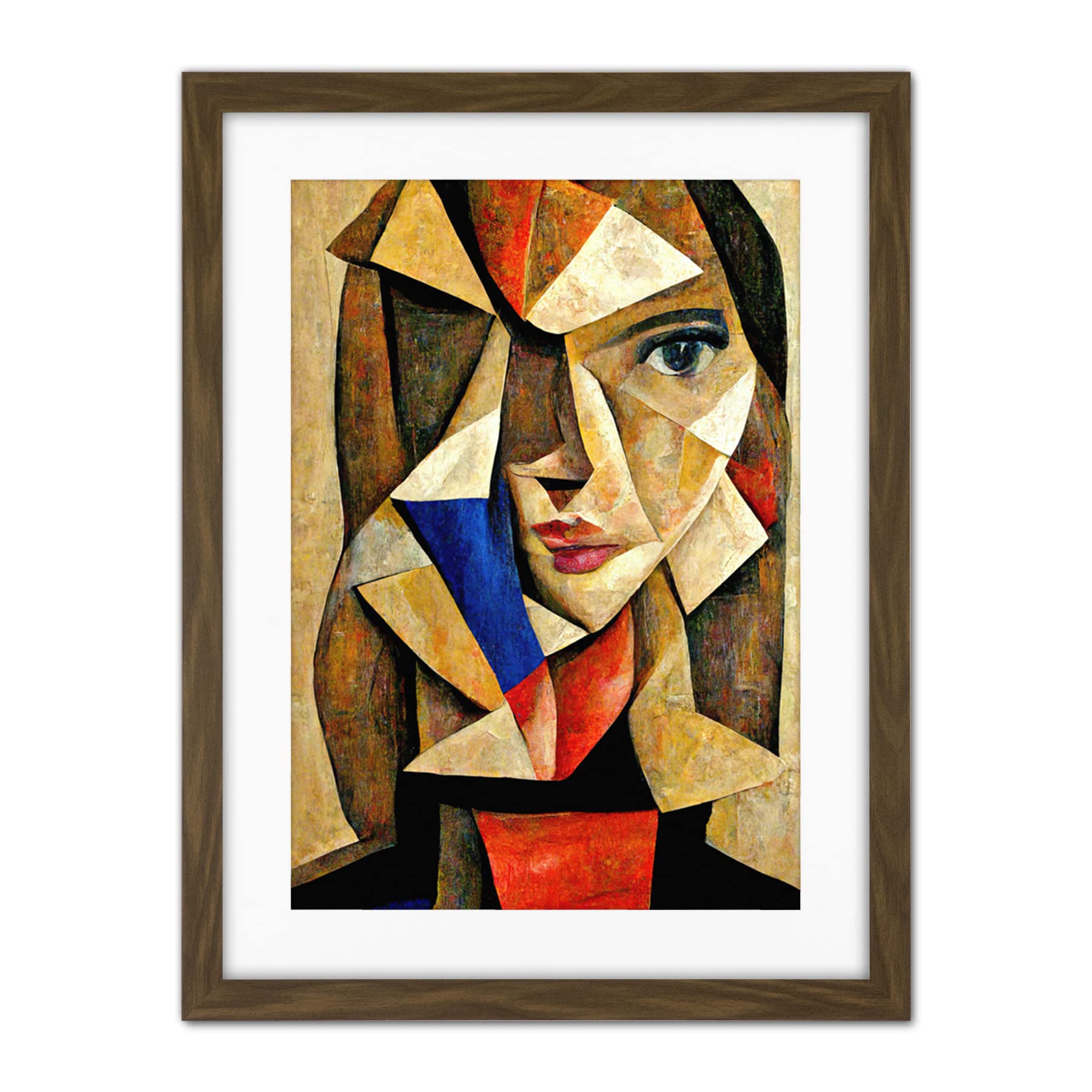 Doppelganger33 LTD Painting Cubism Style Portrait Of Young Woman Beige And Brown Artwork Framed Wall Art Print 18X24 Inch