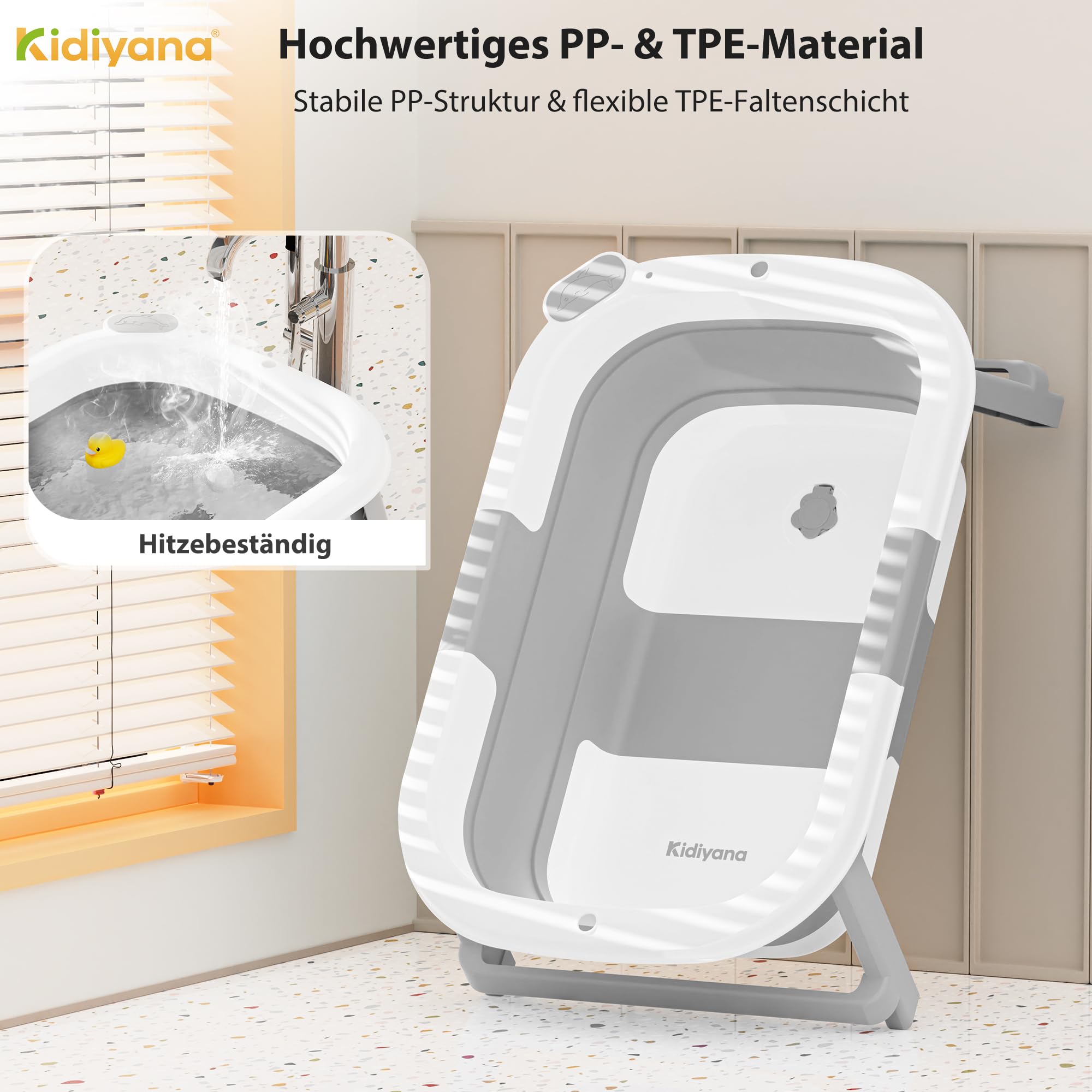 Kidiyana Baby Badewanne faltbar mit Gestell, stabil und rutschfest, platzsparend klappbar, mit Ablauf, PP & TPE, 30L, Babywanne kompakt tragbar, faltwanne, 0–3 Jahre - 5