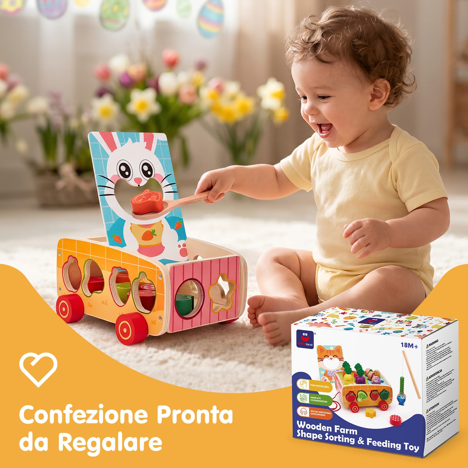 hahaland Giochi Montessori in Legno 1 2 3 Anni, 7 attività Educative con Pesca Magnetica, Motricità Fine e Carrellino Trainabile, Regalo per Bambini Bambina 18 Mesi