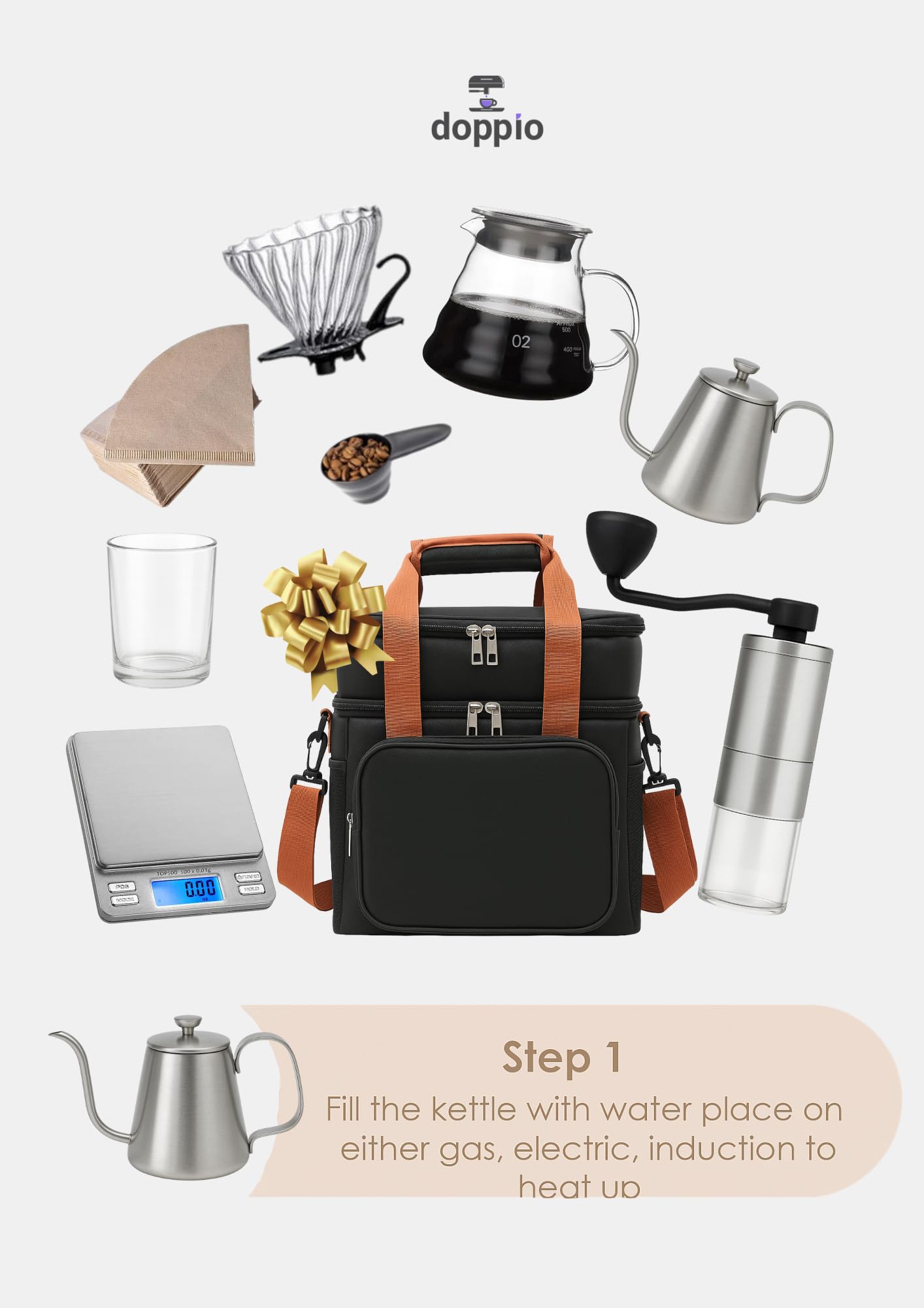 DOPPIO V60 Coffee Maker Dripper Set, 12-Pcs Pour Over Coffee Maker Brewing Set with 600ml Glass, Gooseneck Kettle, V60 Glass, Dripper & Carry Case,Gift-Grey (Premium Kit) for Home,Office & travelling 2