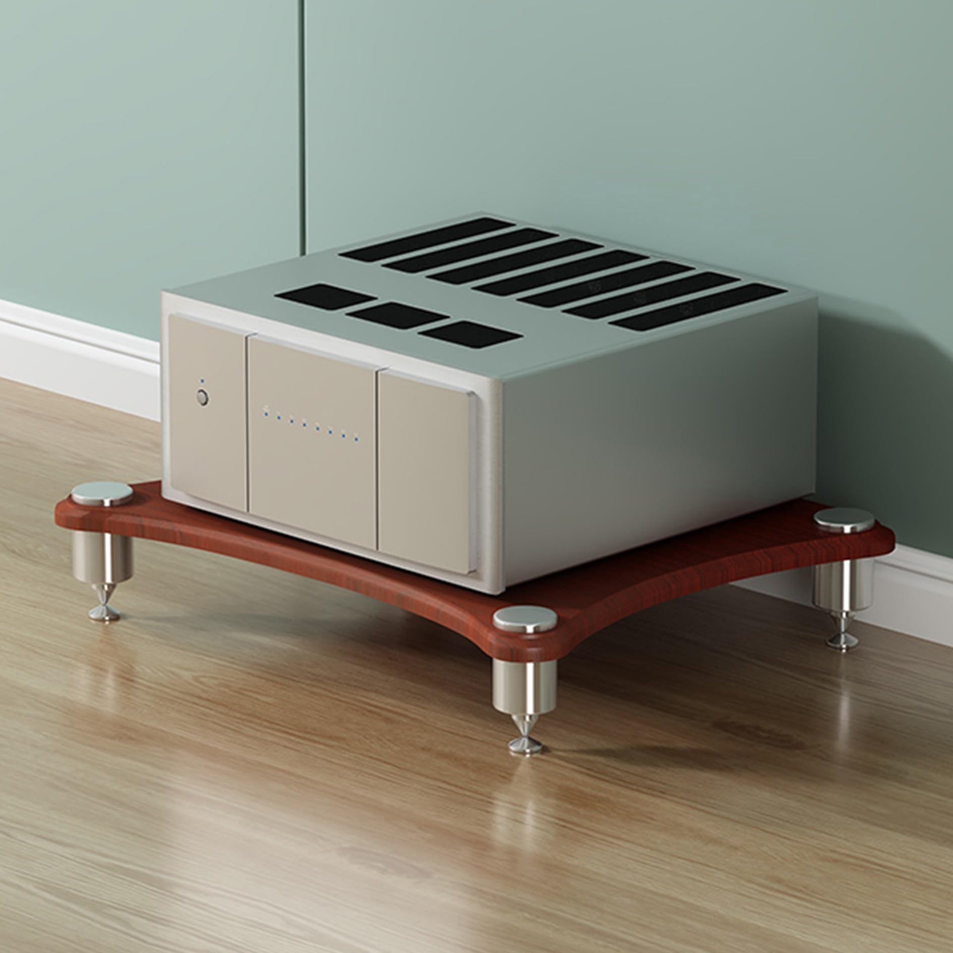 Support AV à 4 niveaux en teck de 60x40 cm pour console et vinyle