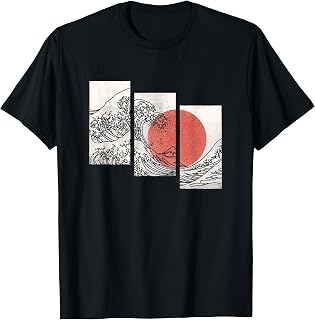 Retro Japanese Japan Flag Great Wave Graphic Outline T-Shirt