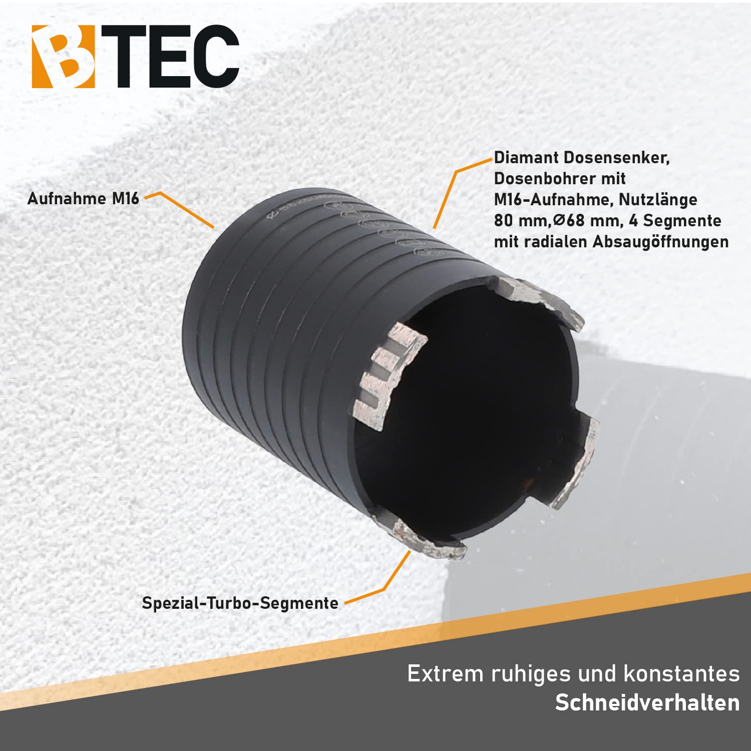 BTEC Diamentowy pogłębiacz do puszek 68 mm uchwyt M16 80 mm długość użytkowa | mur, kamień wapienno-piaskowy, cegła, tynk poroton, precyzyjne otwory w puszkach, trwałe segmenty diamentowe, wysoka trwałość