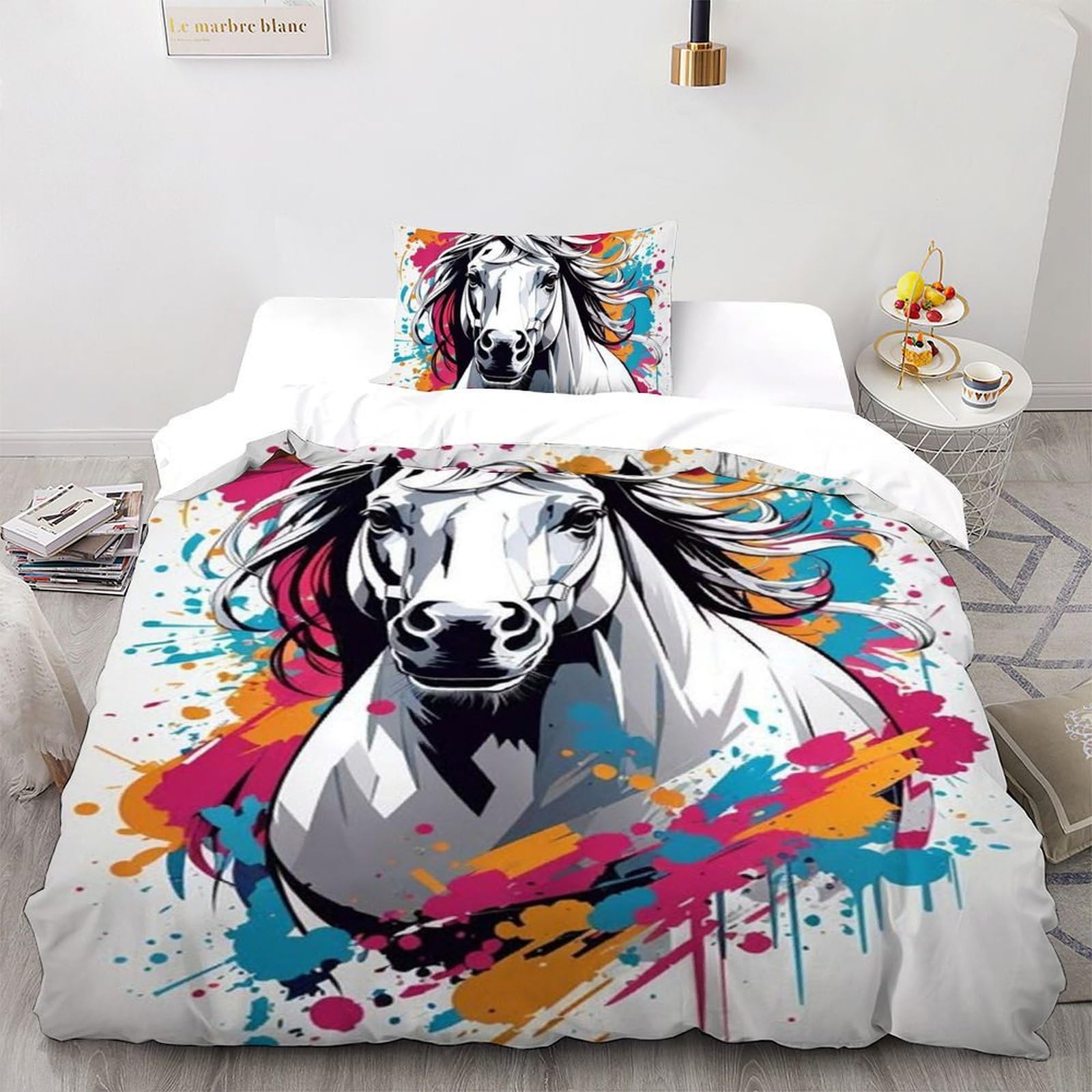Housse de couette single motif poney en microfibre avec taie d'oreiller pour lit enfant