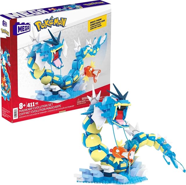 MEGA Pokemon Ewolucja Magikarpa Zestaw klocków (411 elementów), Gyarados (50 cm długości) do ustawiania w różnych pozach, HNT95