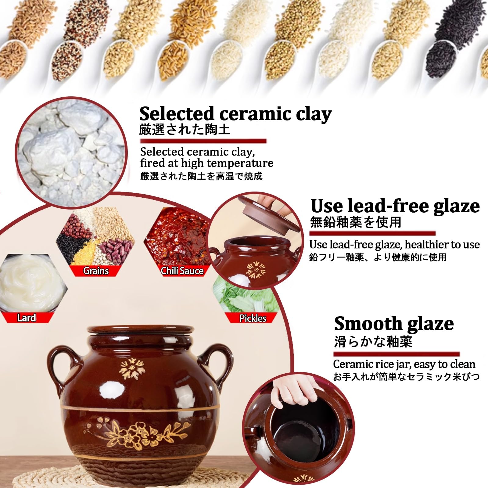 Tarro de arroz de cerámica, cubo de almacenamiento de alimentos de gran capacidad con tapa, ideal para arroz, harina y alimentos para mascotas, dispensador de alimentos de cerámica duradero