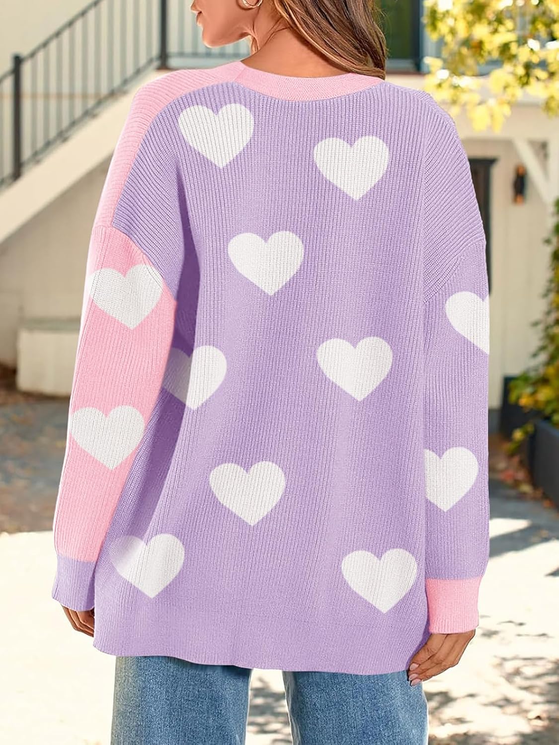 Saodimallsu Womens Heart Cardigan Sweaters Valentines Oversized Winter Color Block Button Up Cute Ribbed Sweater Coats - Image 5