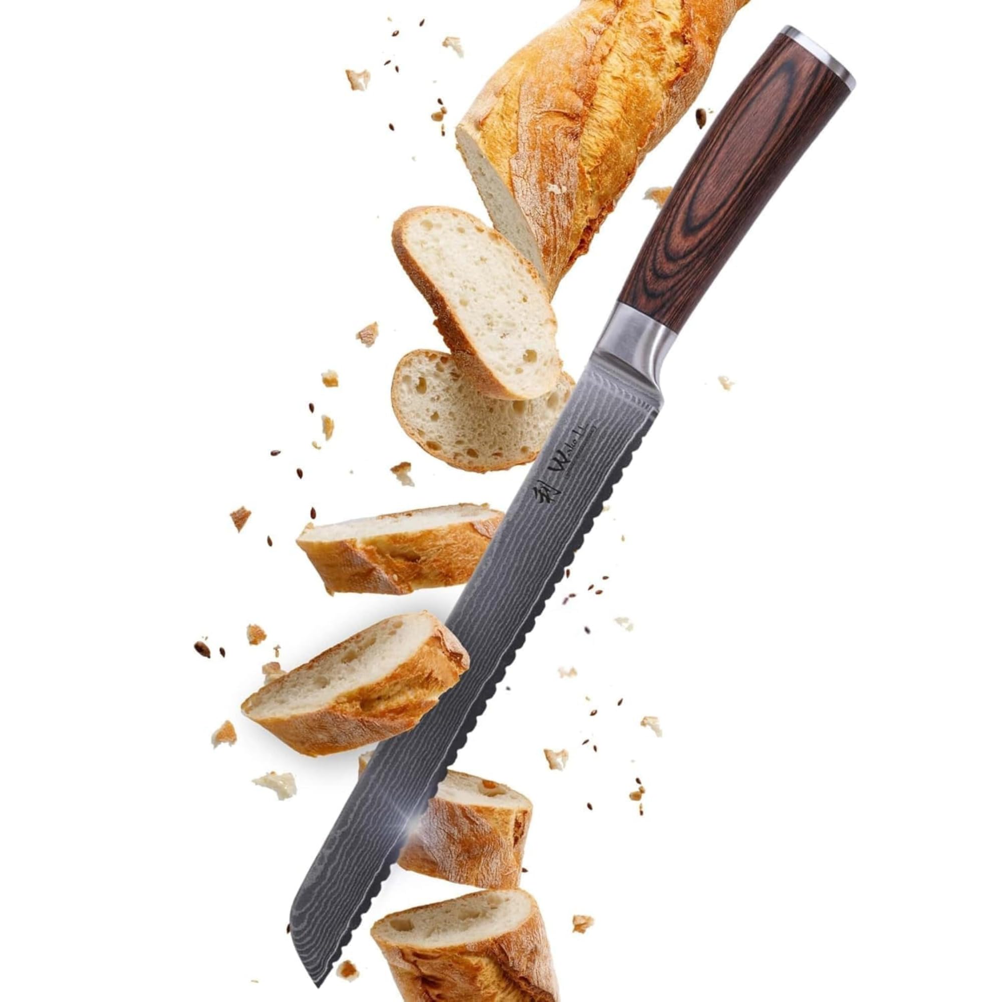 WAKOLI EDIB Couteau à Pain de Cuisine Professionnel en Damas, Dentelé 20 cm | 67 couches avec noyau VG10, manche en bois de pakka, pour baguettes, brioches et croûtes épaisses, coffret cadeau élégant