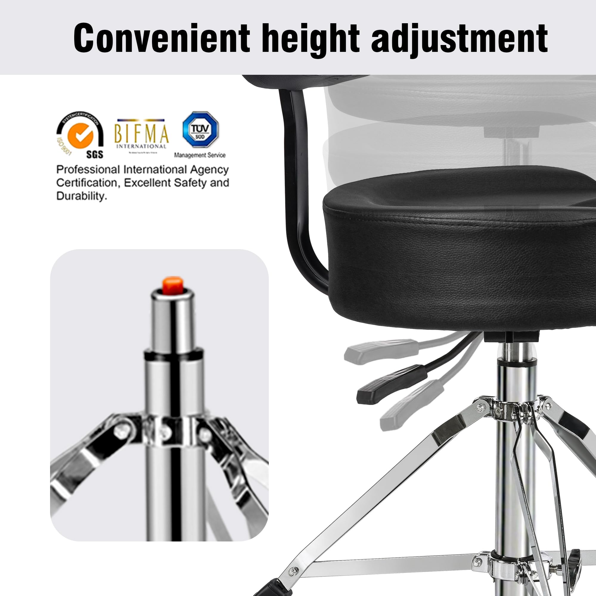 Vhffoso Taburete hidráulico para batería, altura regulable de 45 a 65 cm, resistente y de doble punta, estilo motocicleta, asiento de batería para niños DS03ED
