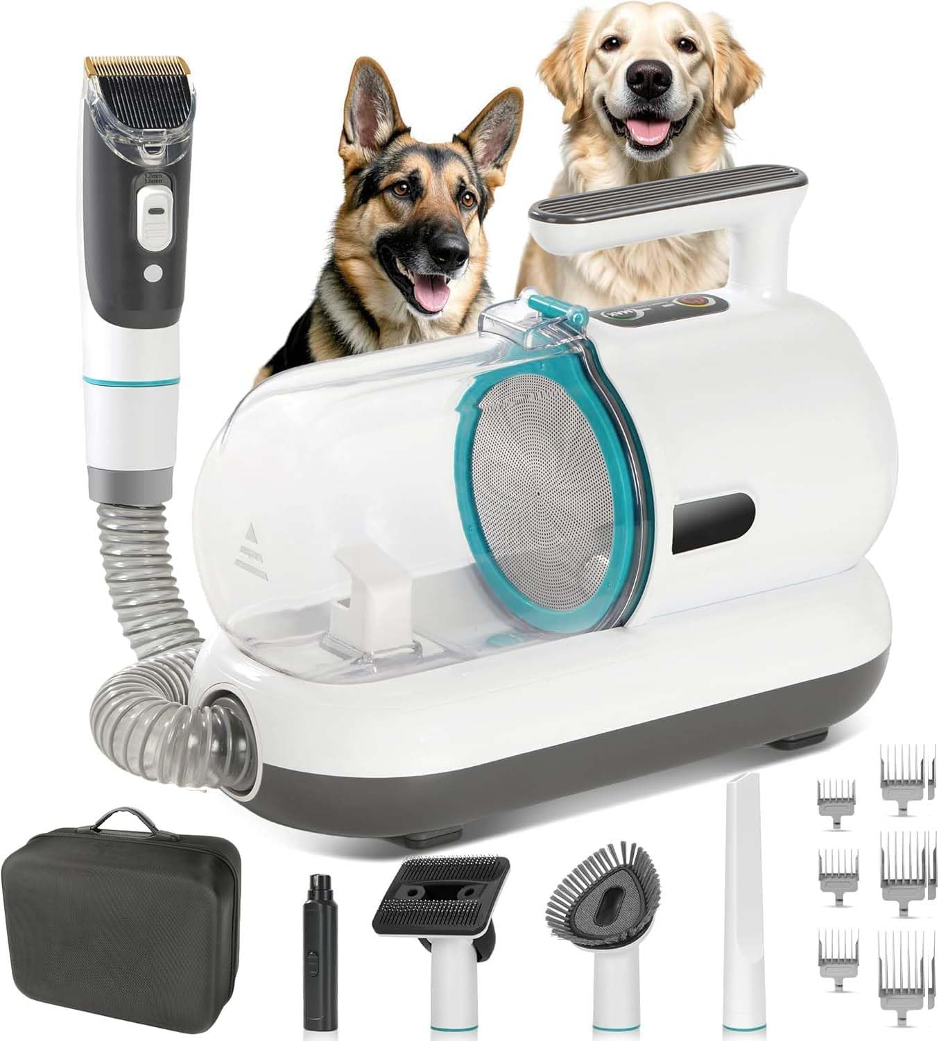 Kit de toilettage pour chien avec aspirateur, 15 kPa 1,5 L, tondeuse pour chat, aspiration 99 % des poils d'animaux, kit de toilettage professionnel pour animaux de compagnie avec 7 outils éprouvés