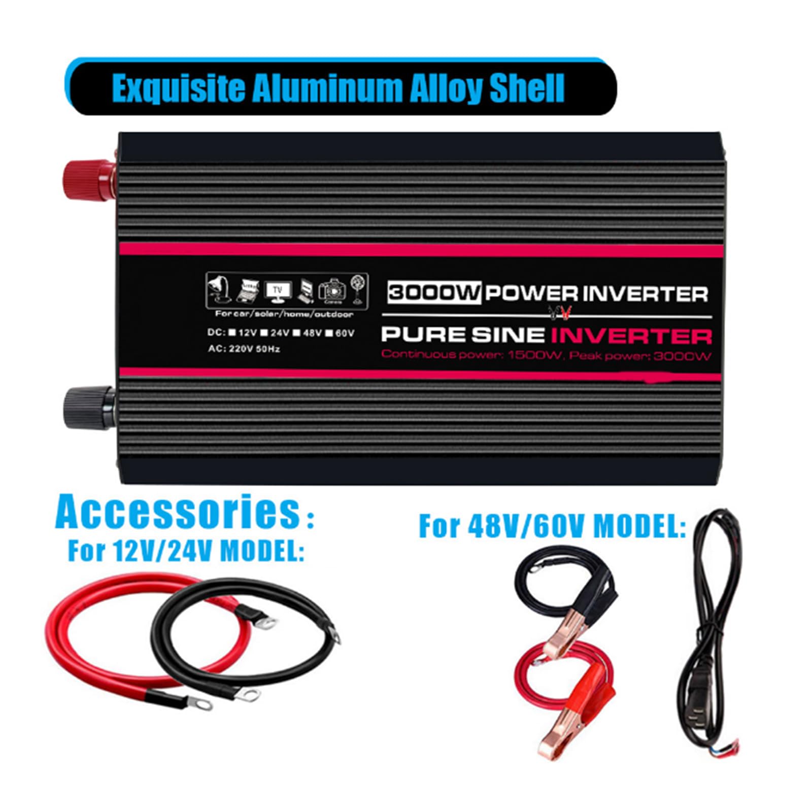 Hohe Effizienz 3000W Reine Sinuswelle Power Inverter DC 12V-60V Zu AC 220V/ 110V Konverter Solar Power Inverter mit AC Ausgänge & LCD Display,24v to 110v