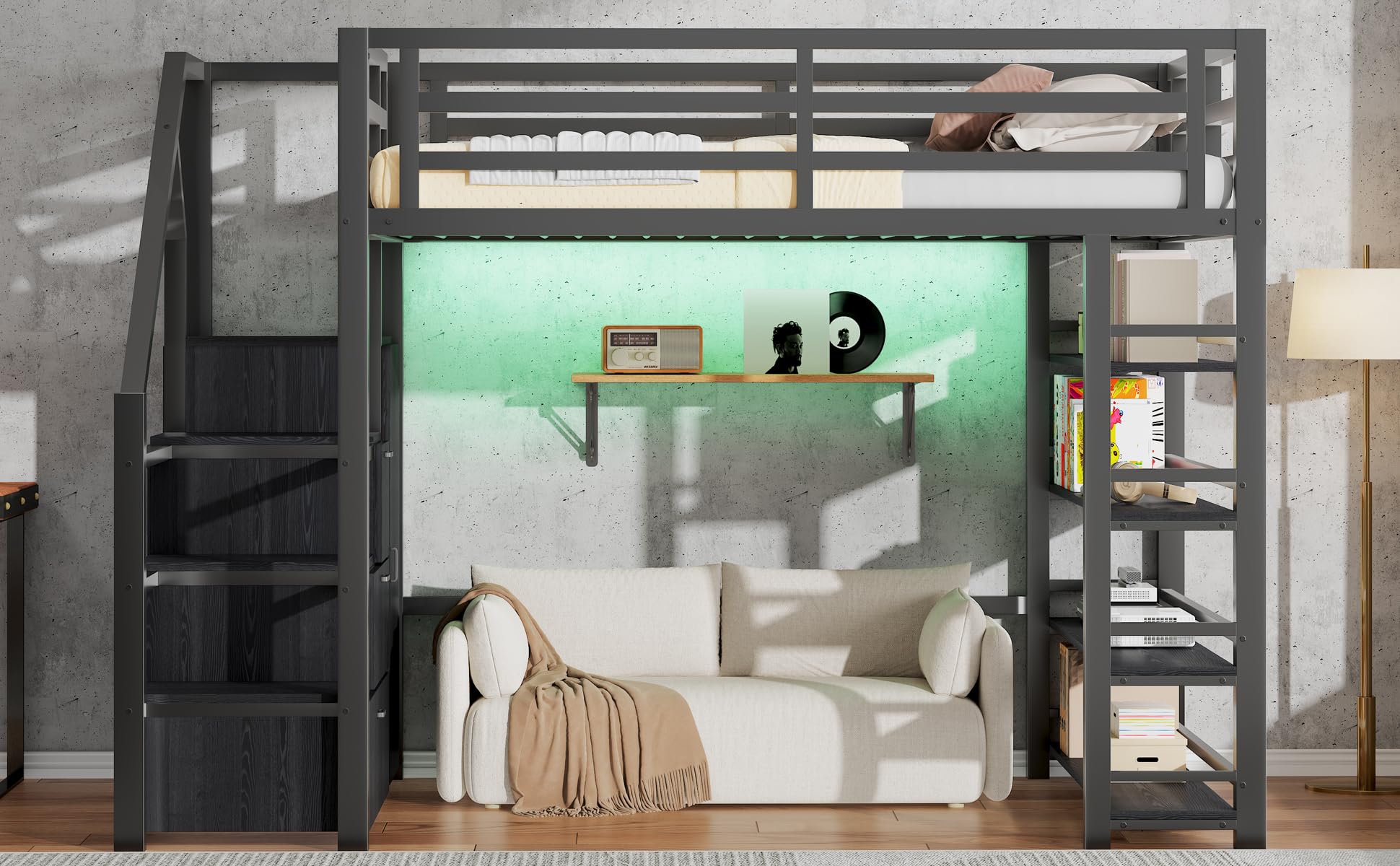 BTM Jugendbett 140 x 200 cm Metall LED Hochbett mit Schreibtisch und Schrank, Kinder Hochbett mit Treppe, Schwarz