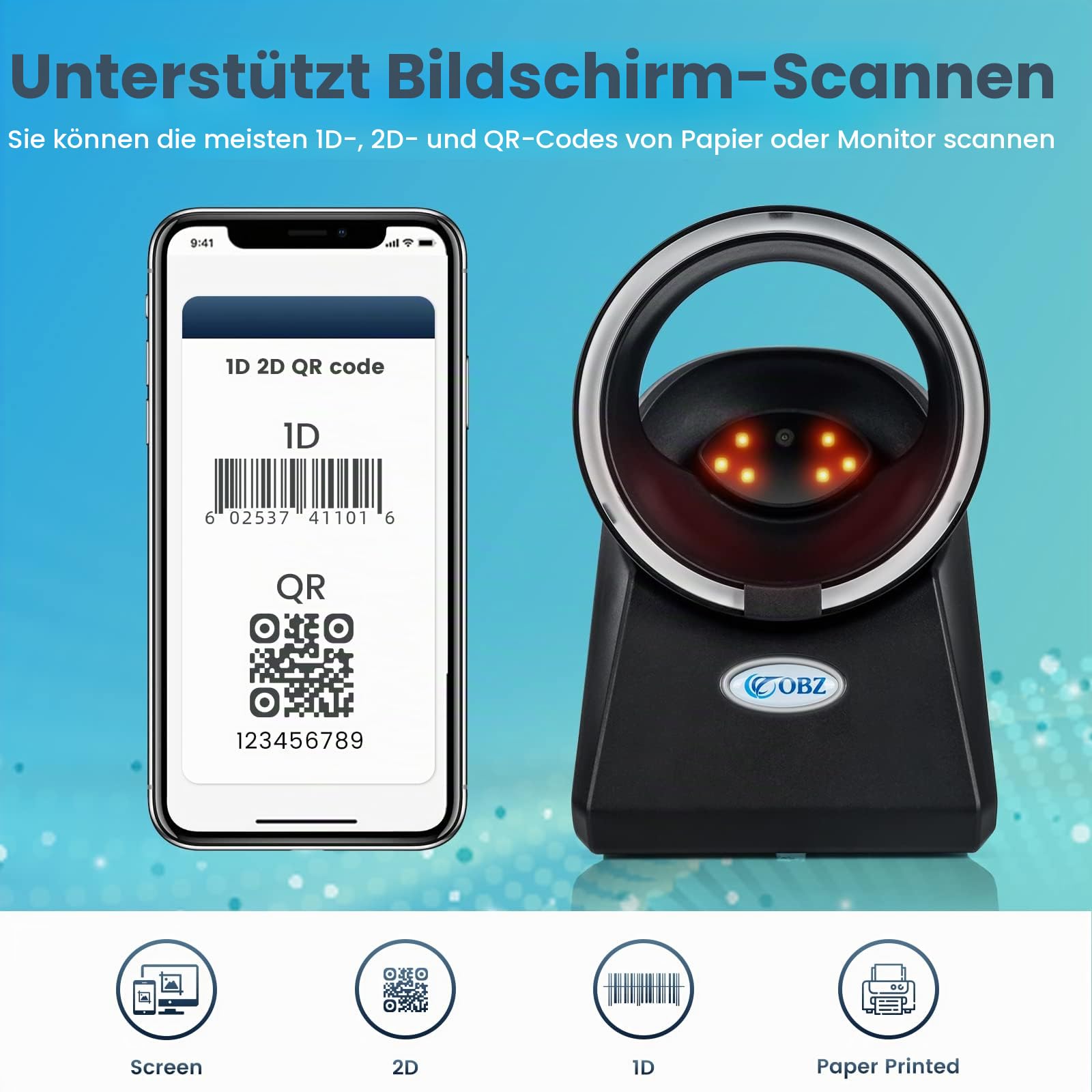 OBZ 1D QR 2D Desktop Barcode Scanner, QR Code Scanner USB Handsfree Barcode-Scanner Automatischer Bildsensierung Barcodescanner für POS PC Supermarkt Bibliothek Laden
