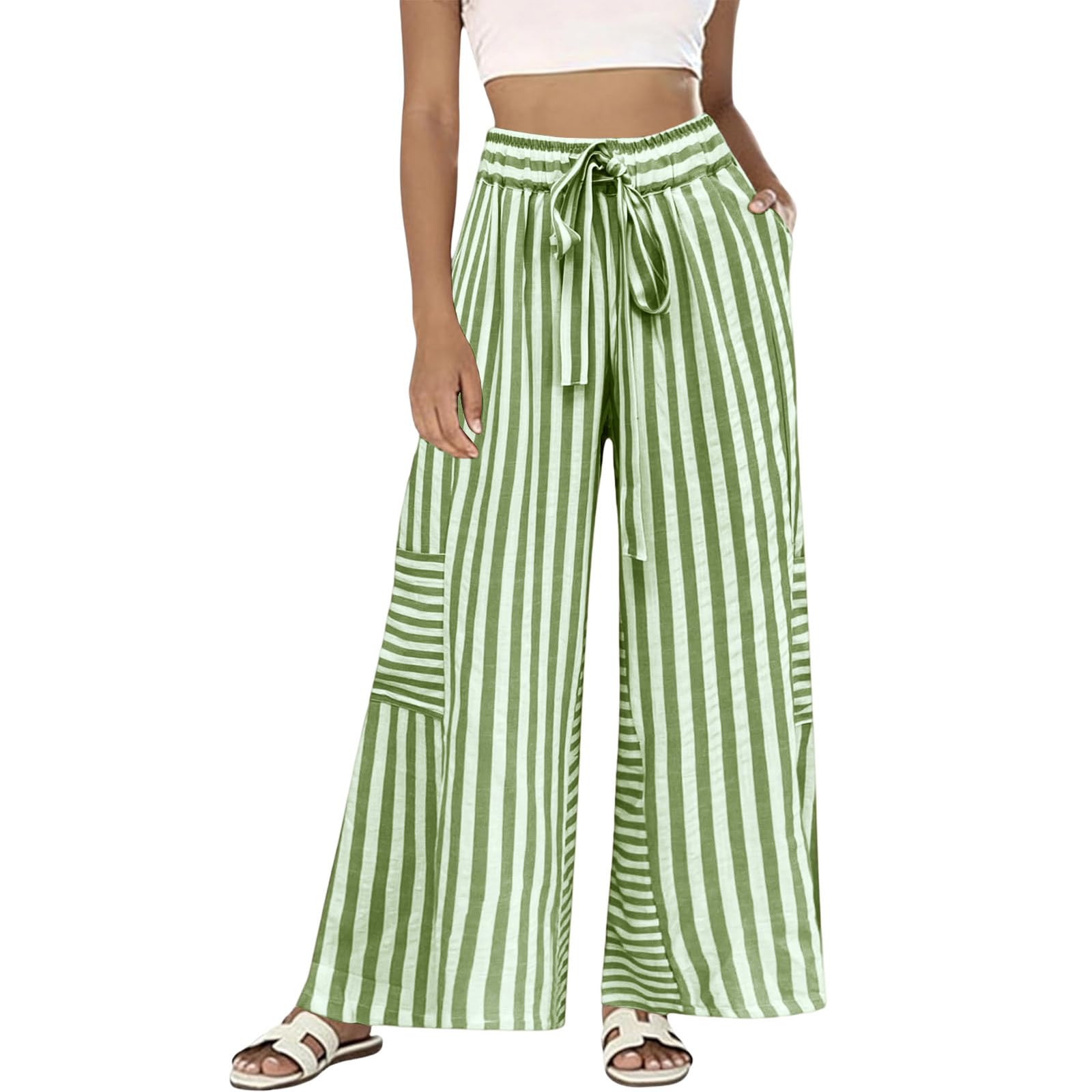 Pantacourt Femme Été,Pantalon Femme Coton Et Lin Fluide Léger Pantalon avec Poches Décontracté Taille Haute Élastique Pantalons avec Cordon De Serrage Ample Droit Long Pants Été Jambe Large Palazzo