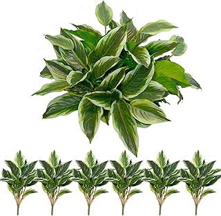 6PCS Artificial Tropical Green Plants – 19.6" Fake Hostas Outdoor Artificial Plants, UV Resistant, Faux Green Leaf Stems for Porch, Patio, Balcony, Garden Planter or Indoor Décor
