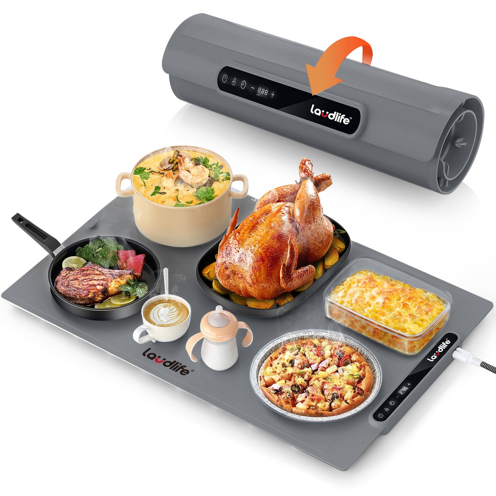 Laudlife Electric Warming Mat for Food, Roll-Up Silicone Heating Pad with 7 Adjustable Tempmaster Levels, Foldable Warming Tray for Countertop,Buffet