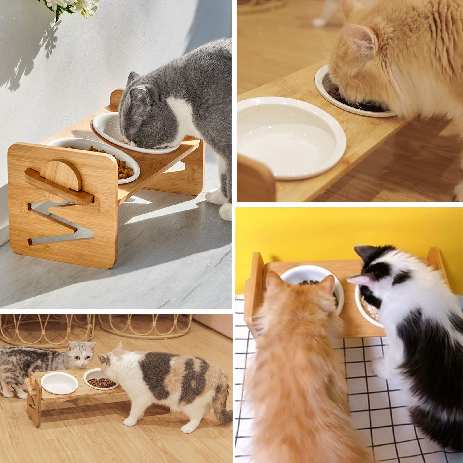Comedero Gato,Comederos para Gatos Elevado Cuenco de Cerámica Comederos y Bebederos para Gato y Perro , Regulable en altura Con elegante soporte de bambú y Antideslizante Manteles