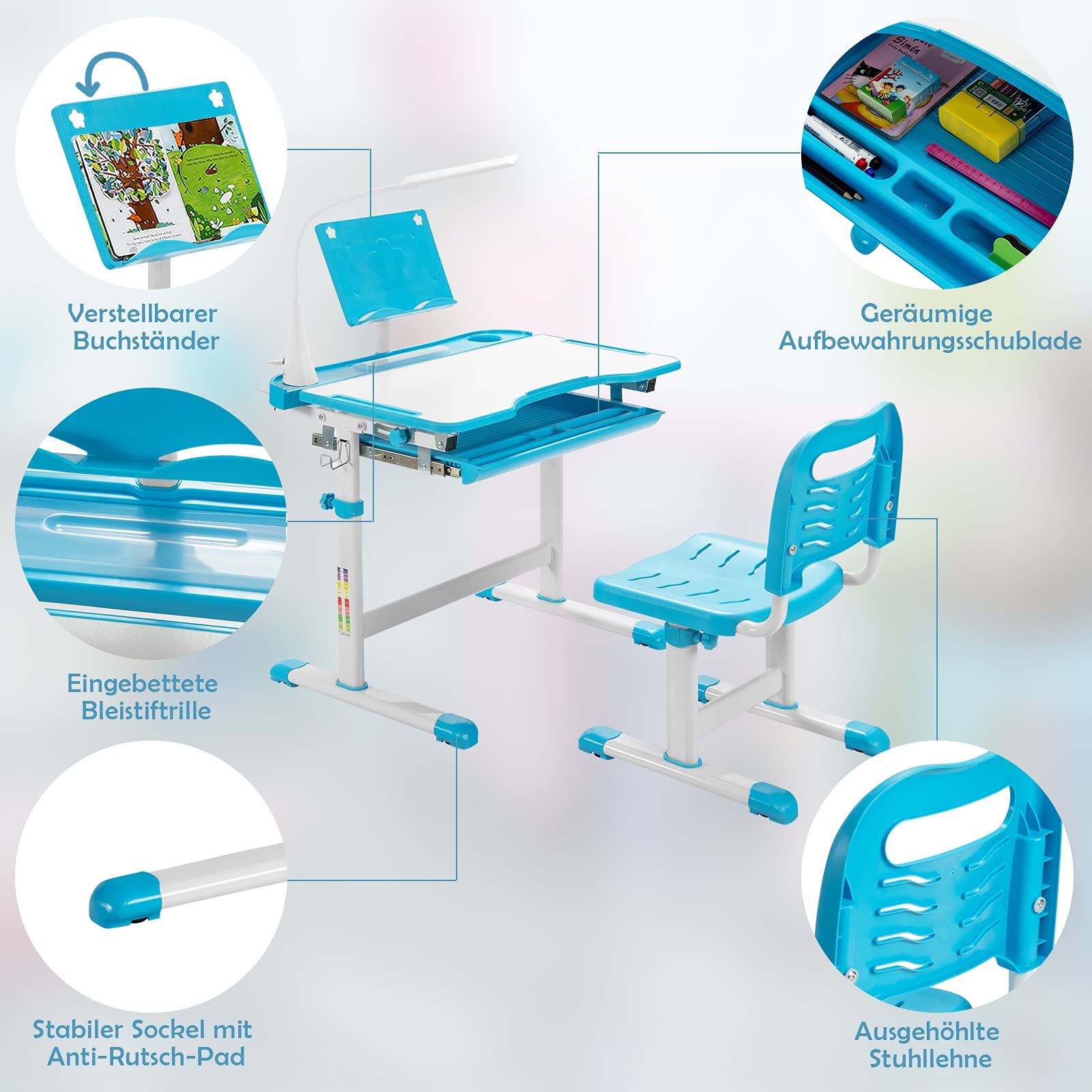GOPLUS Kinderschreibtisch höhenverstellbar, Kindertisch und Stuhl mit Bücherständer & LED-Licht, Scülerschreibtisch mit neigbarer Tischplatte & Schublade, Jugendschreibtisch mit Stuhl (Blau)