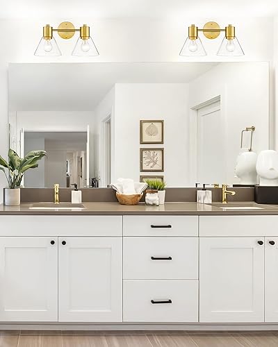 Miniatura 8 de LMS Lámparas doradas para tocador de baño, 2 lámparas de baño con pantalla de vidrio transparente, LMS-100