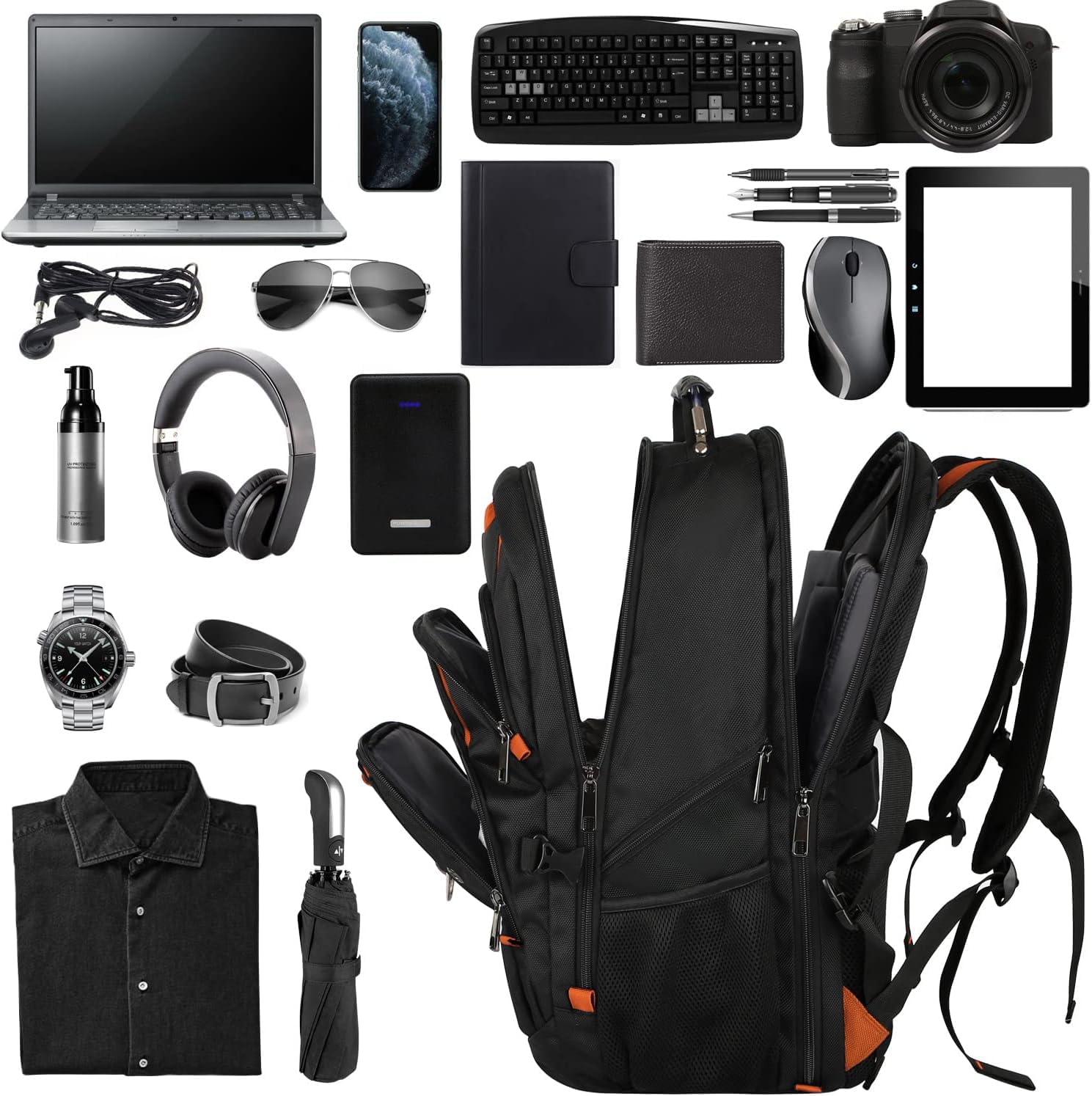 Zaino per laptop extra large per donne e uomini, Nero-arancione, 18.4in, Zaino da viaggio
