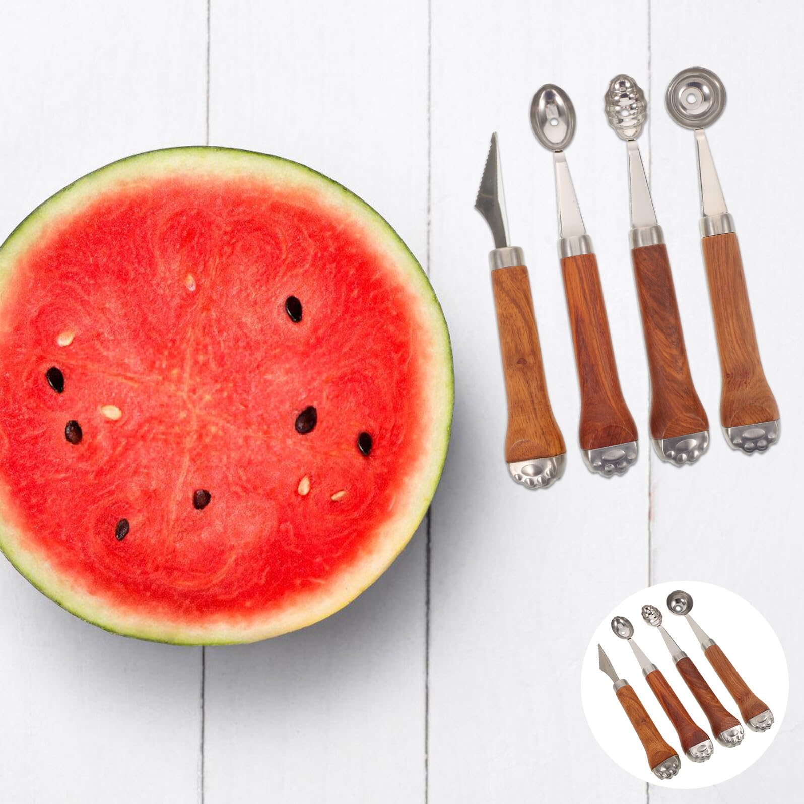 4 Stück Obstwerkzeug mit Holgriff Kugelausstecher und Schäler für Früchte
